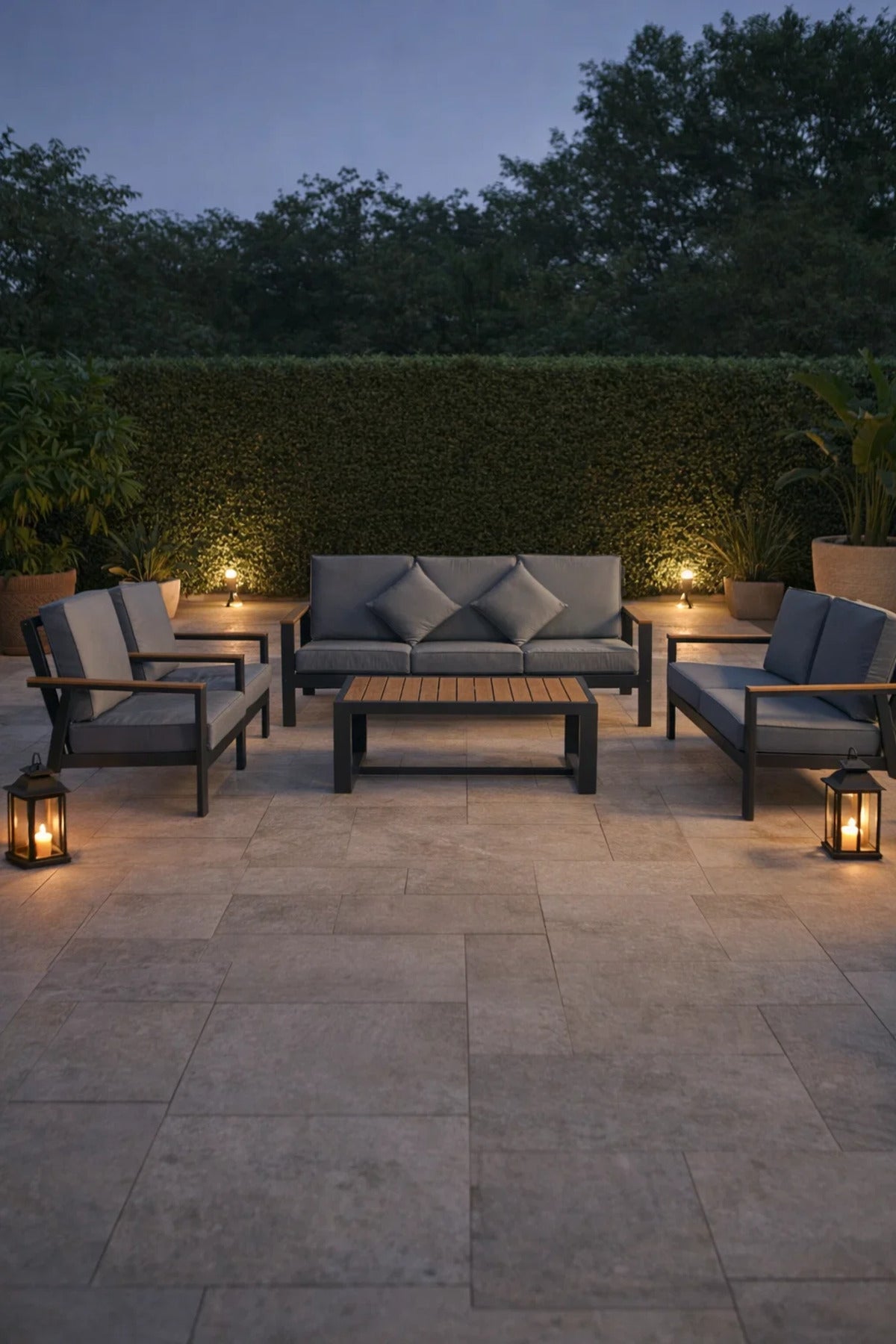Luxury 7-Person Garden Sitting Group Dark Grey Metal Frame with Comfortable Cushions and Table