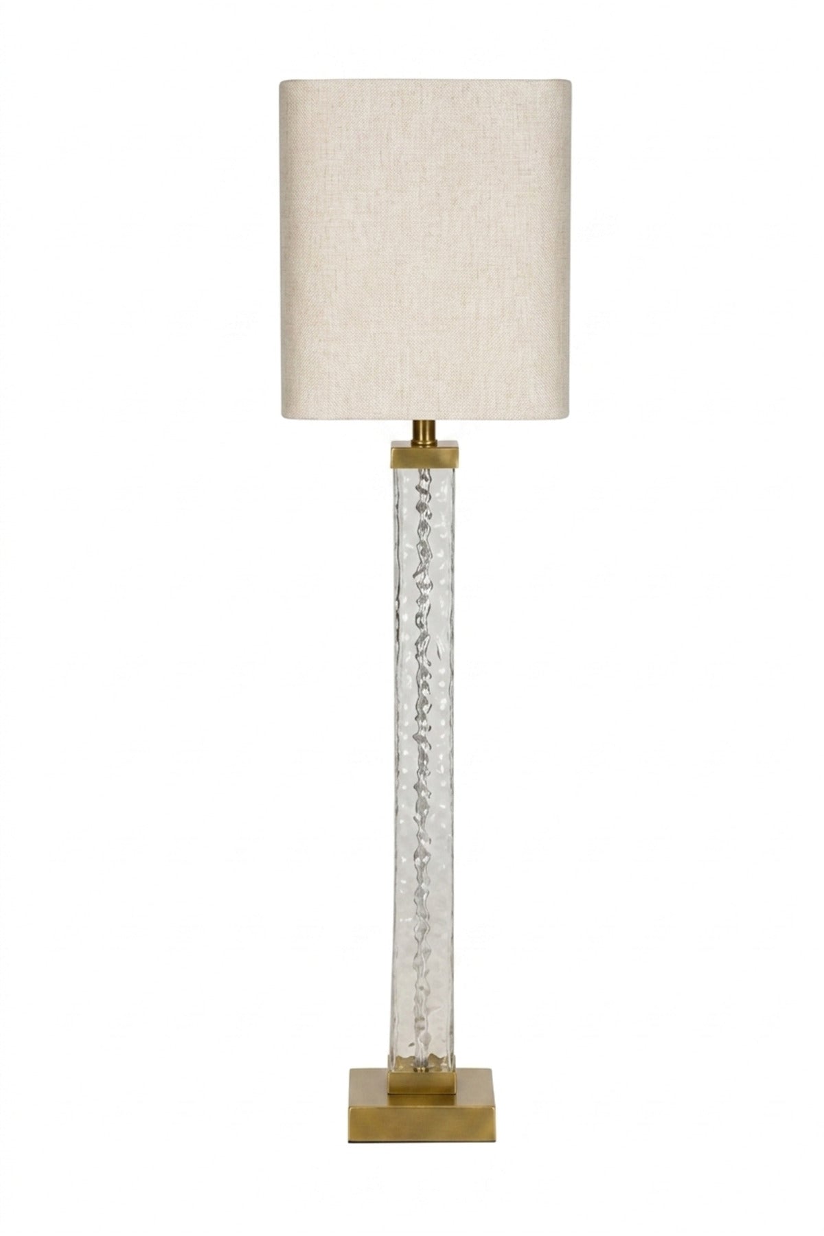 Modern Clear Glass Floor Lamp with Textured Tall Column, Gold Accents, Fabric Drum Shade and Square Base Standing Light for Living Room Bedroom Office