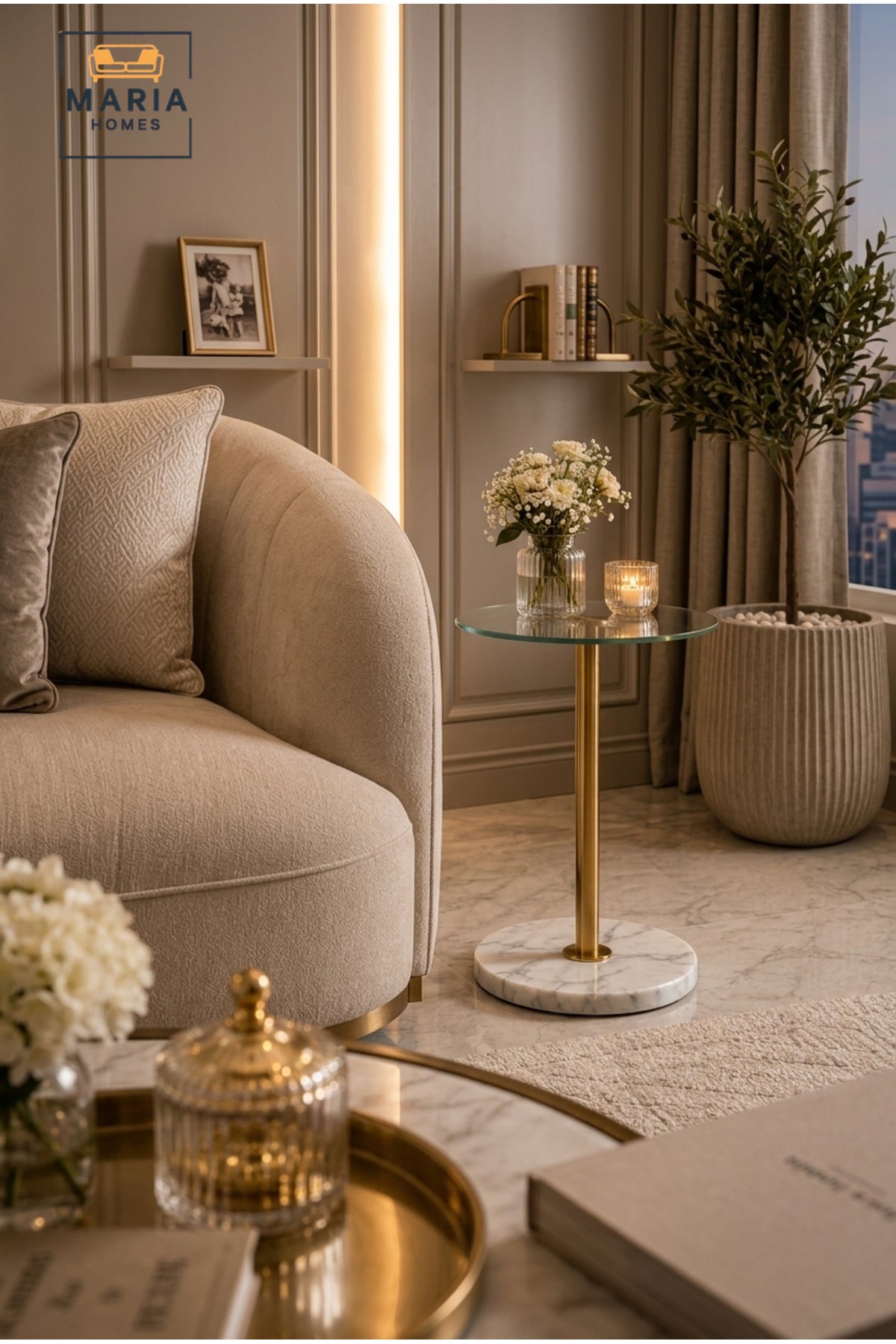 Luxury Glass Side Table Gold Metal Frame Marble Base Round End Table for Living Room