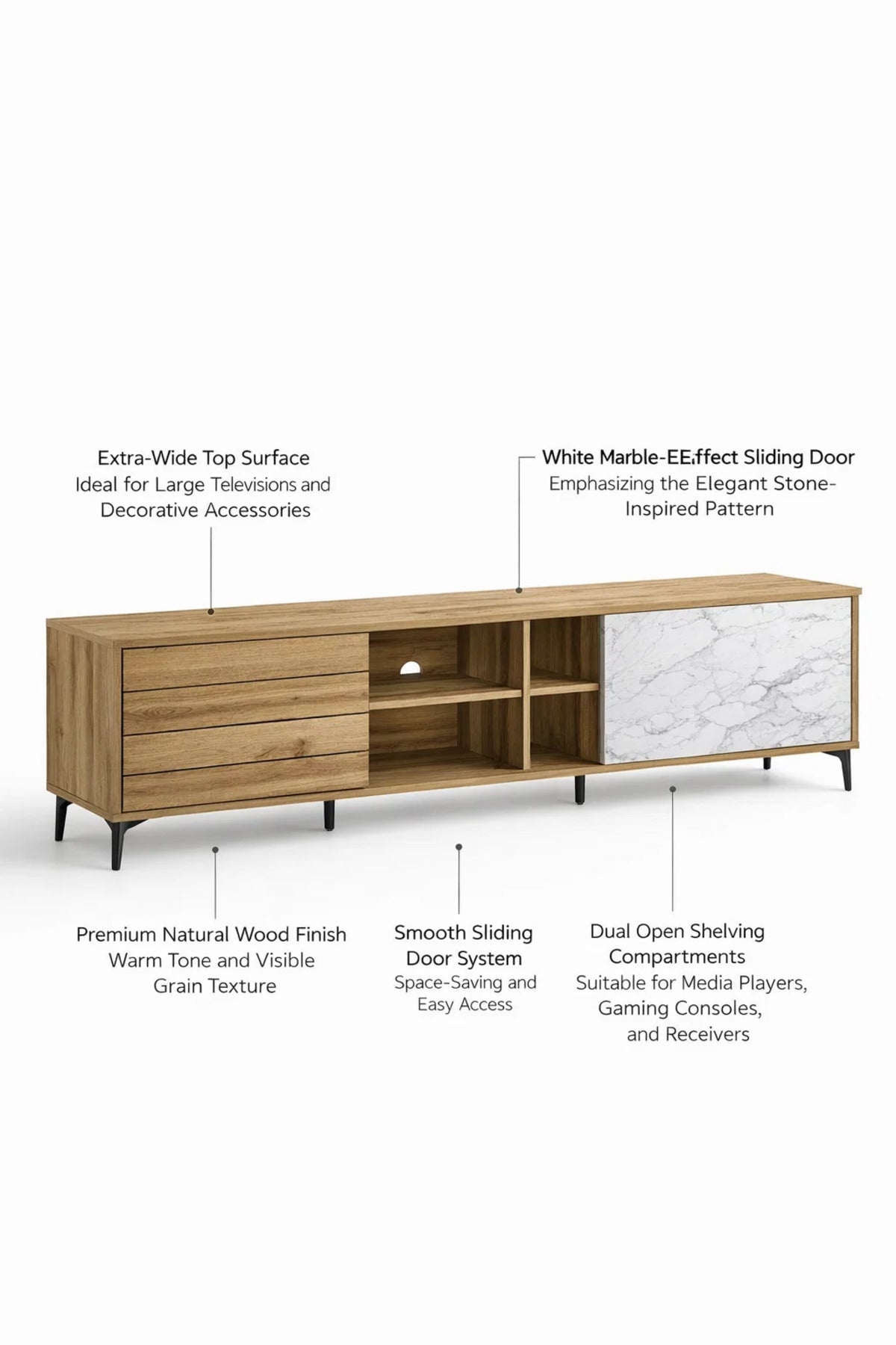 Premium 180cm Wooden TV Unit with Marble Effect Door and Storage Drawers for Stylish Living Rooms
