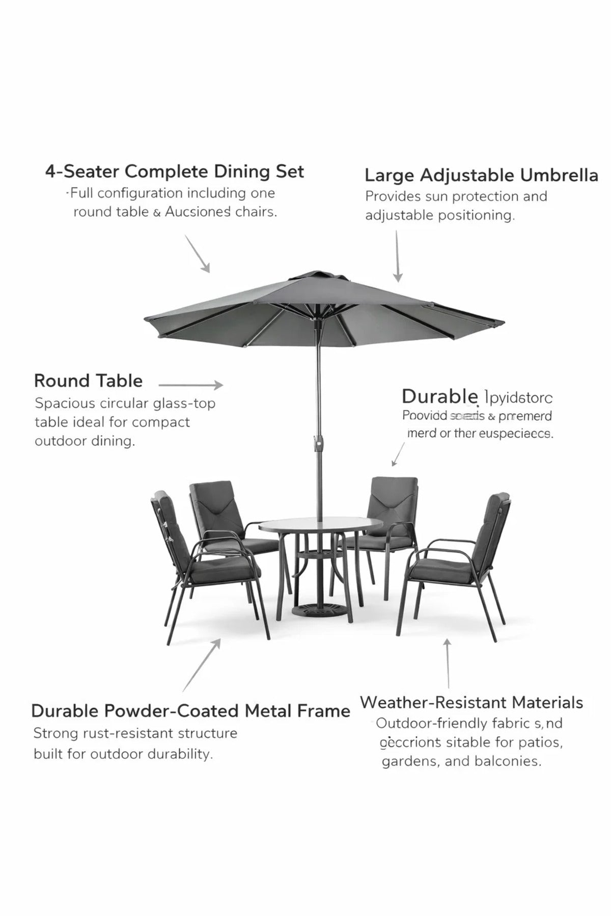 Modern 4 Seater Garden Dining Set with Parasol and Round Table Dark Grey Outdoor Patio Furniture
