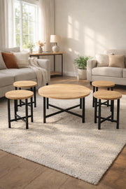 Industrial Round Coffee Table Set 1+4 Wooden Top Metal Legs Nesting Furniture for Modern Home