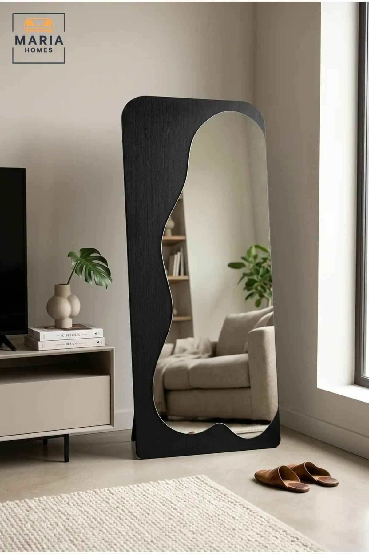 Modern Full Length Floor Mirror with Organic Shaped Design and Freestanding Wooden Frame for Bedroom, Dressing Room, Entryway, Salon and Boutique