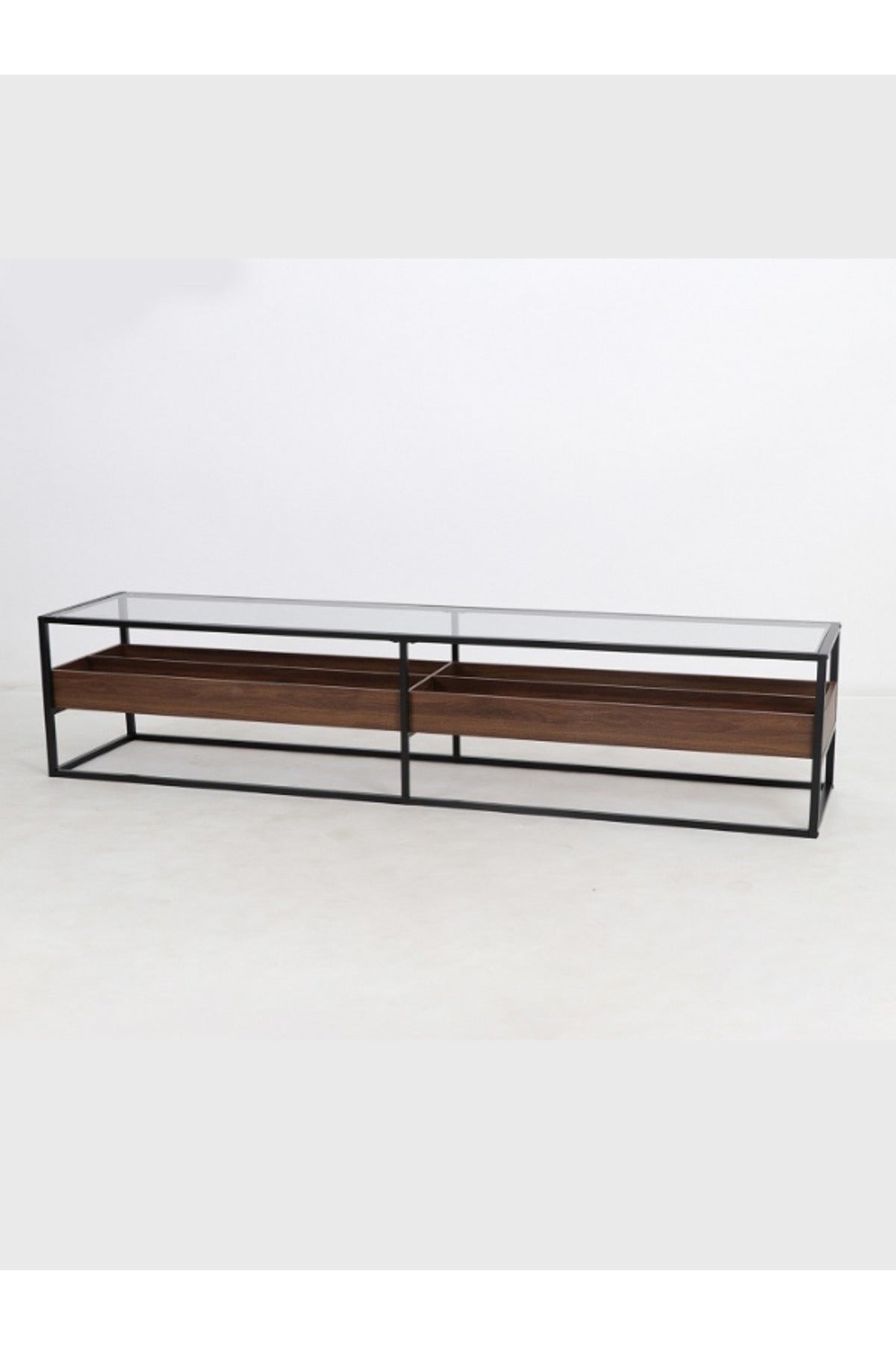 Modern Walnut TV Table with Glass Top & Black Metal Frame Ð 180_40_45 cm