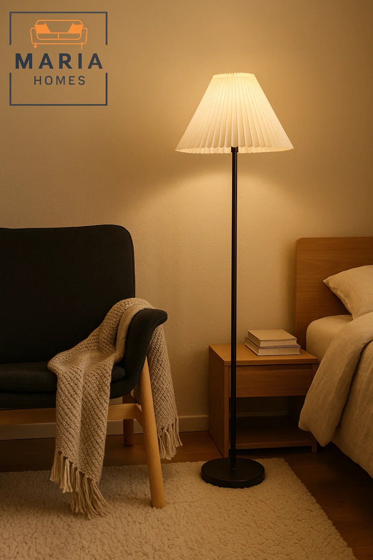 Black Floor Lamp with White Pleated Shade