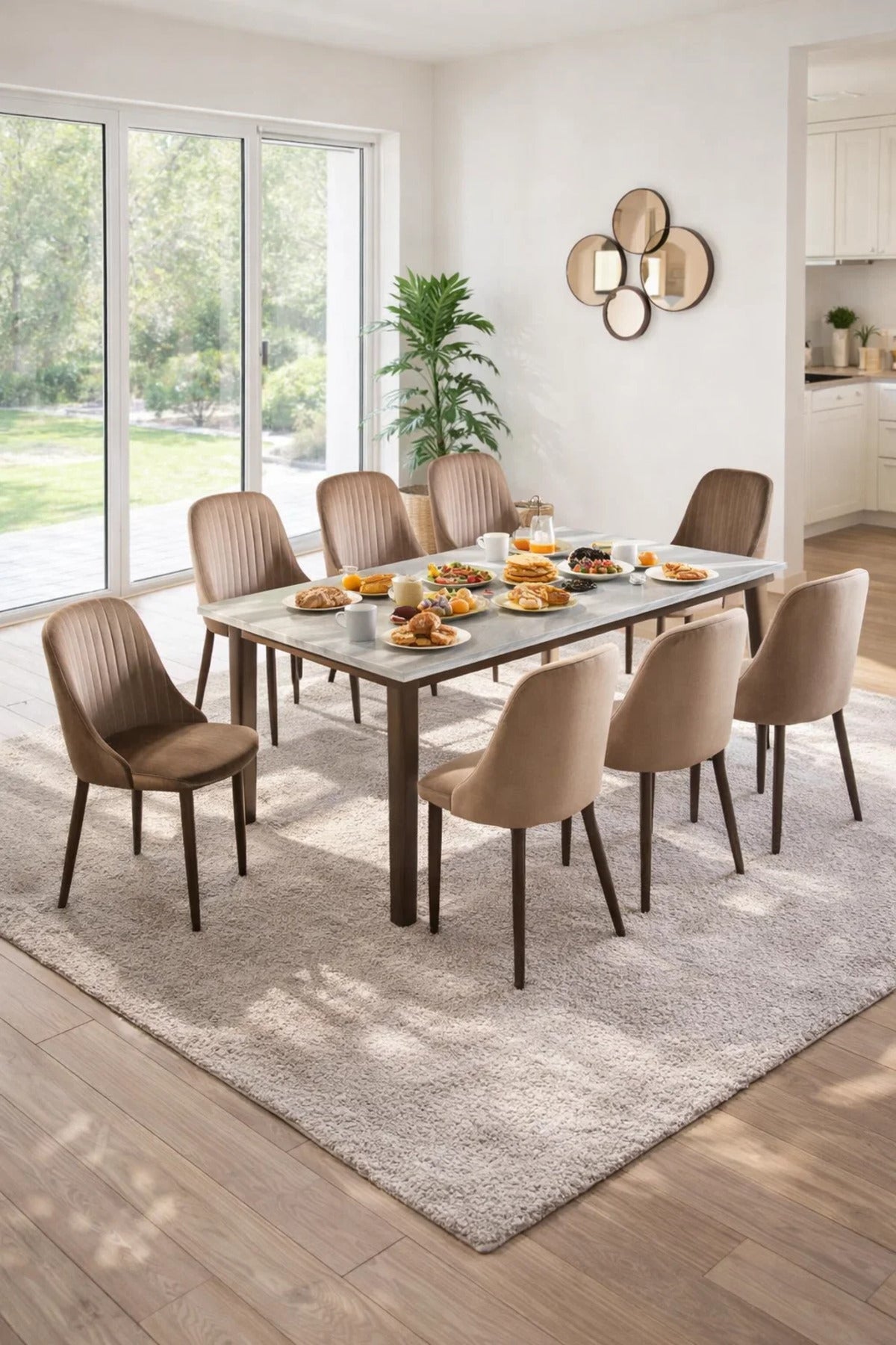 Modern 9-Piece Dining Set with Marble Top Table and 8 Brown Velvet Chairs for Luxury Home Dining