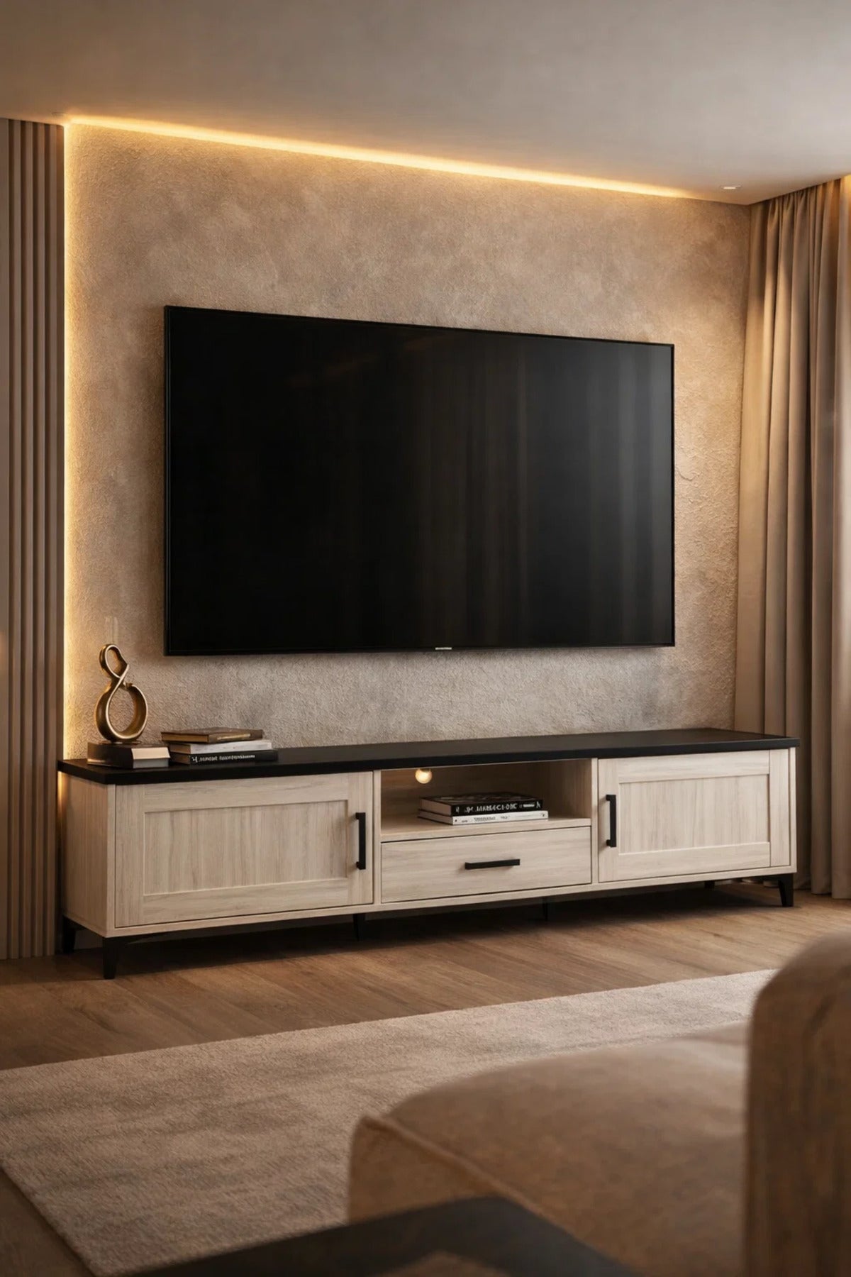 White Oak TV Stand √ê 200x40x50 cm Modern Wooden Plasma Table with Cabinets & Drawer