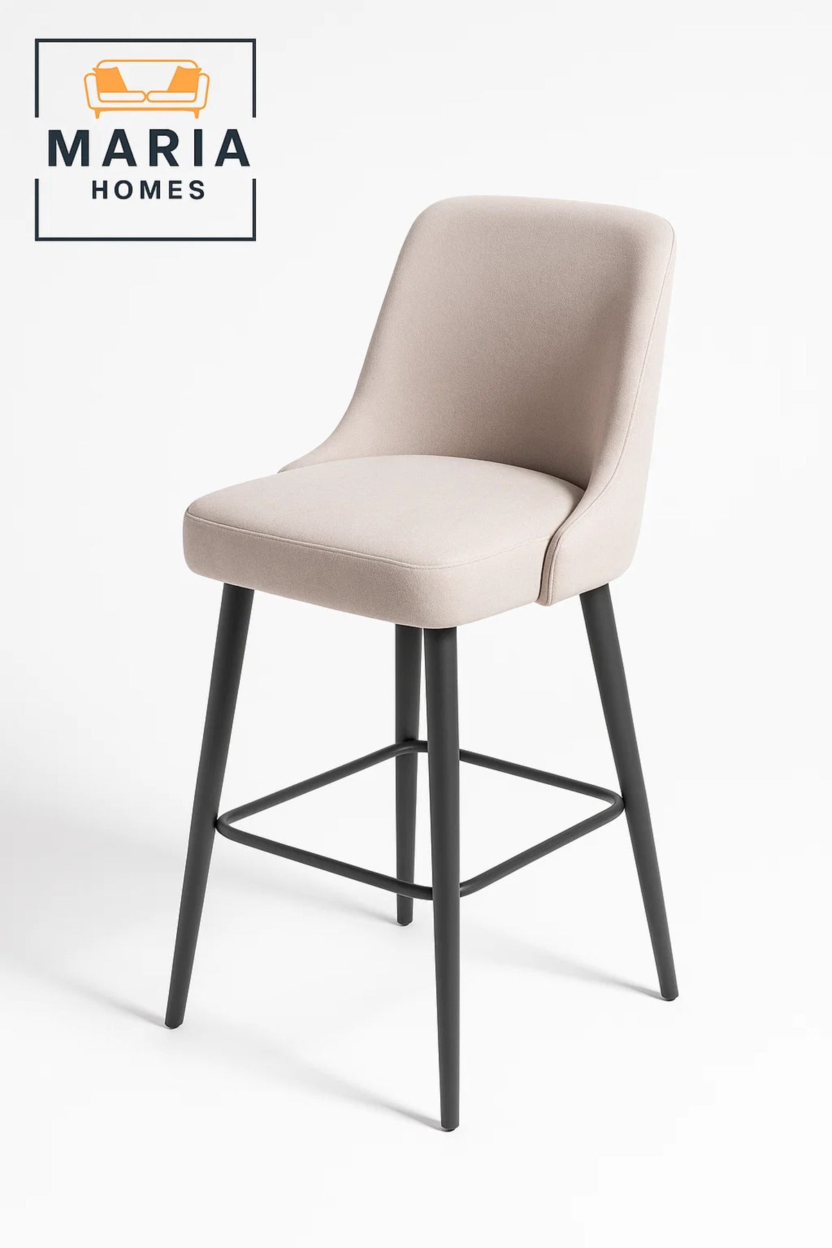 Modern Upholstered Bar Stool With Curved Backrest And Black Metal Legs Ð Soft Beige Fabric Finish