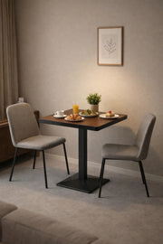 Modern Square dining Table 70x70cm Brown Wood Look Top Sturdy Metal Pedestal Base for Dining