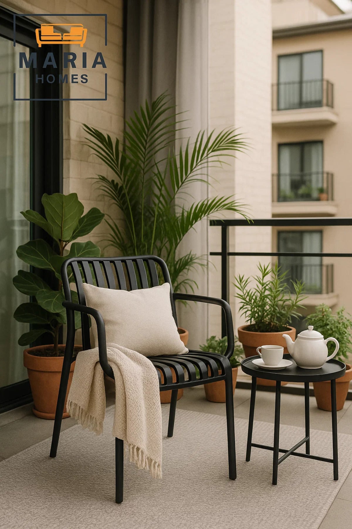 Black Plastic Outdoor Armchair with Slatted Design