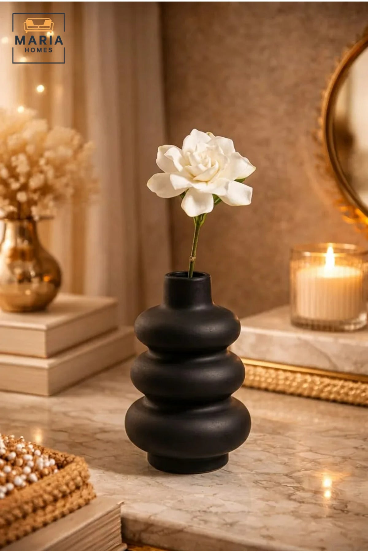Black Sculptural Decorative Vase, Modern Stacked Ring Flower Holder for Dried Flowers, Living Room, Bedroom, Office, Shelf and Table Décor