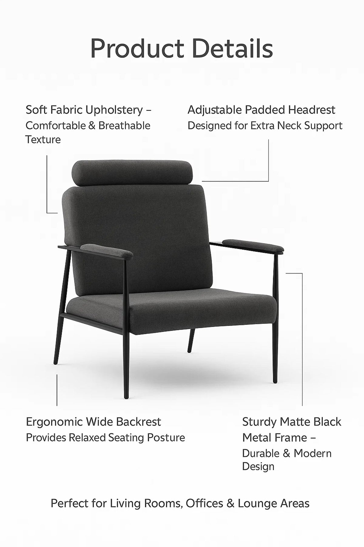 Premium Dark Grey Lounge Chair with Headrest, Modern Armchair for Living Room & Office Decor