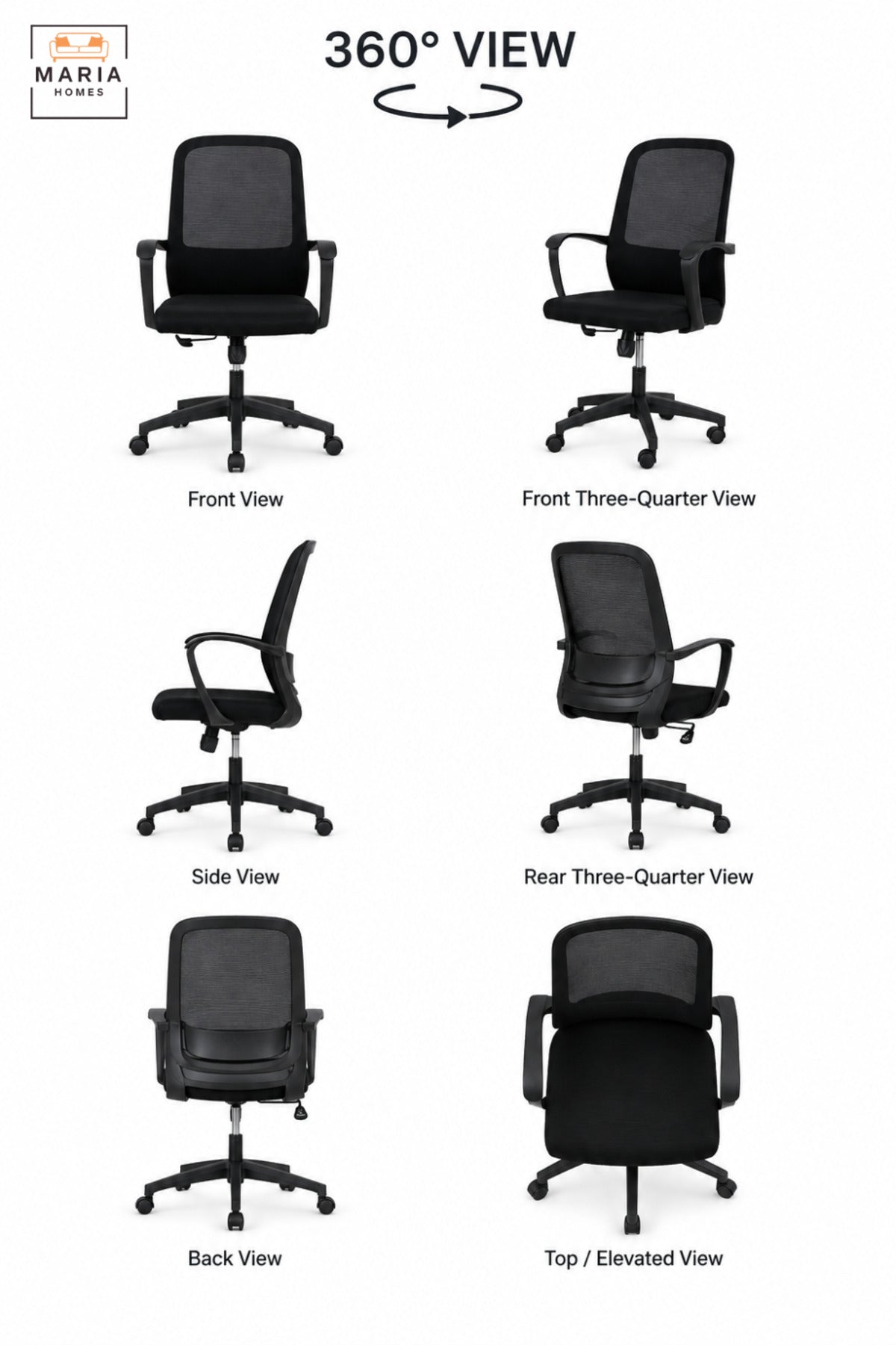 Modern Black Mesh Office Chair with High Backrest, Padded Seat, Armrests, Adjustable Height & Rolling Wheels for Home Office Study Workspace