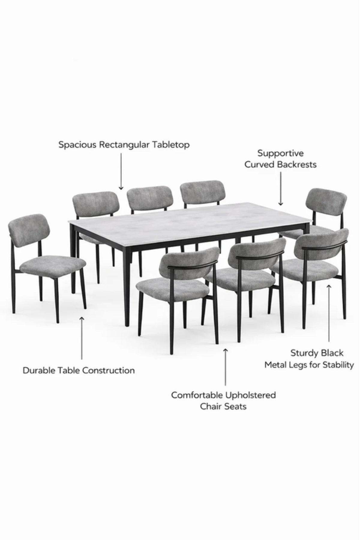 Modern Marble Top Dining Table Set with 8 Upholstered Chairs 180x100x75cm modern marble