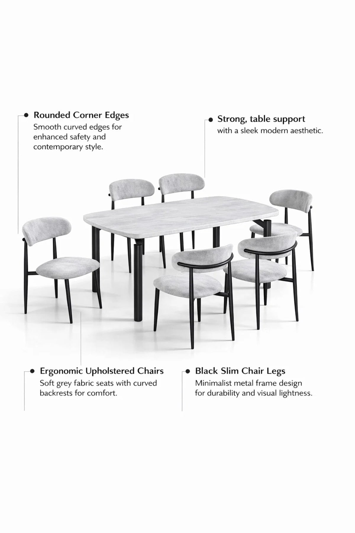 Grey Marble-Look Dining Table Set with 6 Chairs √ê 180_100cm