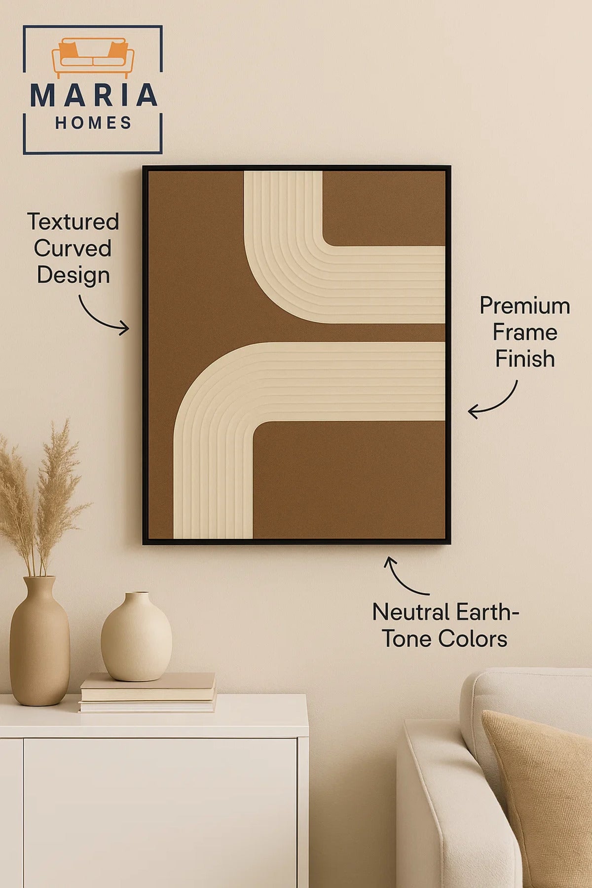 Framed Abstract Wall Art Ð Beige Curved Lines on Textured Brown Canvas and Size 123*4.3*123 cm