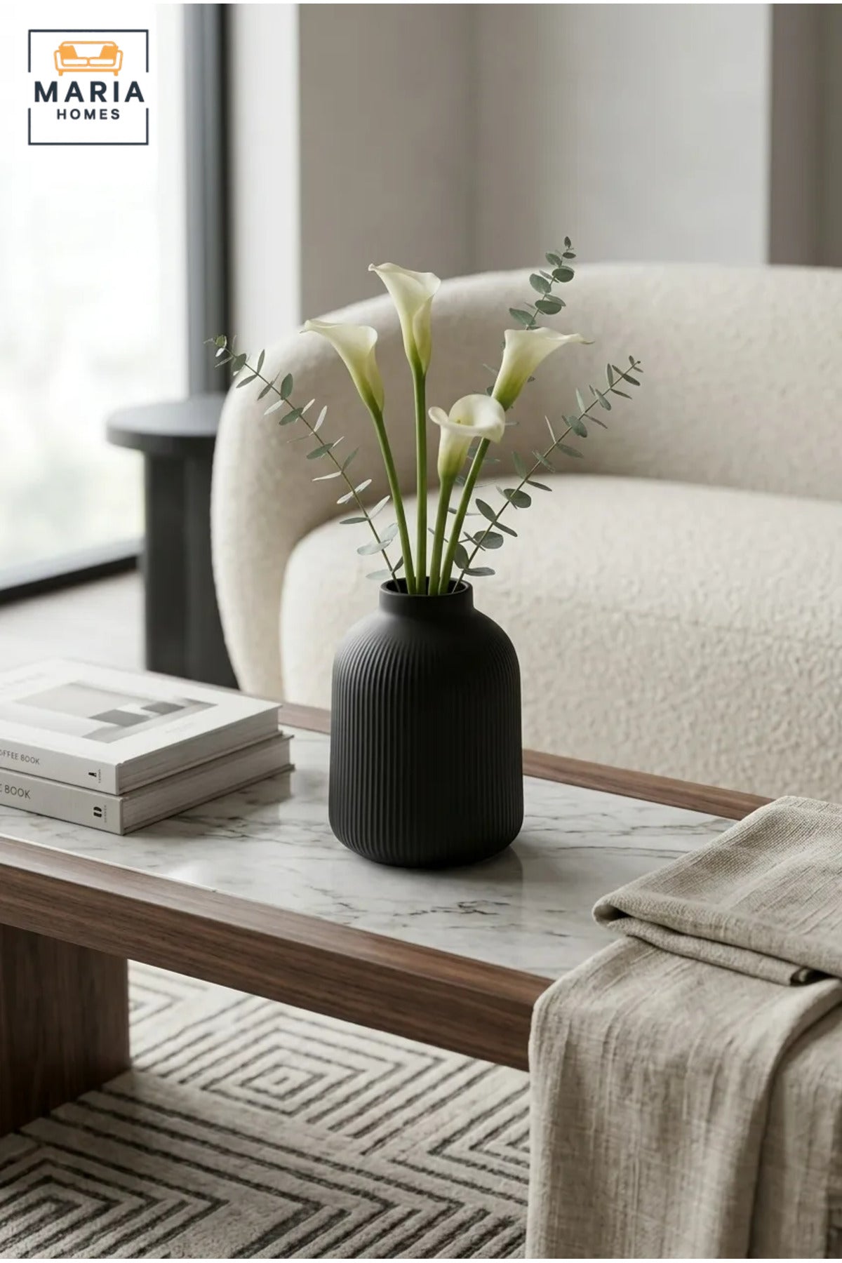 Modern Decorative Flower Vase with Wide Opening, Rounded Shoulders and Vertical Ribbed Texture for Living Room, Bedroom, Office and Console Décor