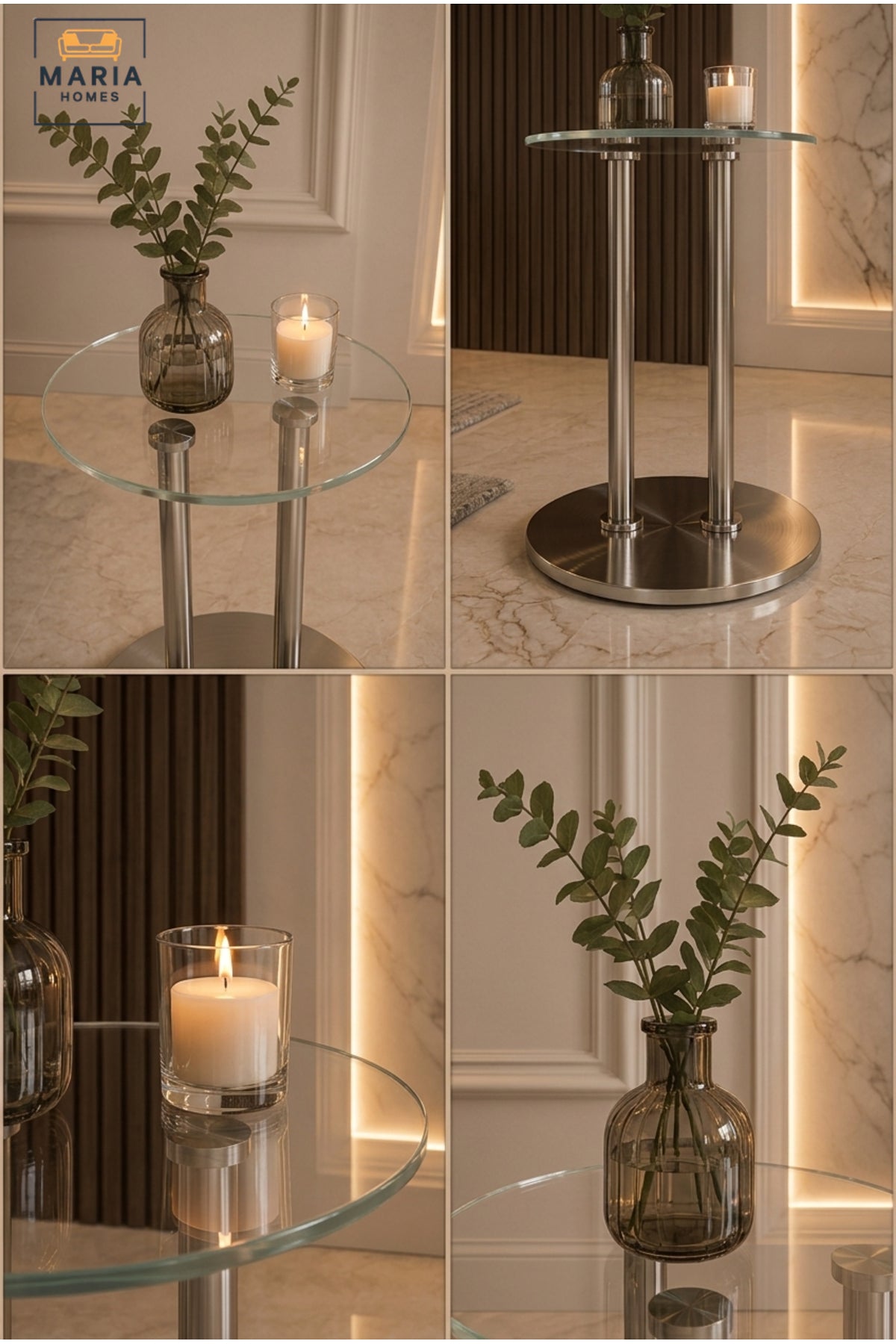 Modern Glass Side Table Round End Table Accent Table for Living Room Bedroom Silver