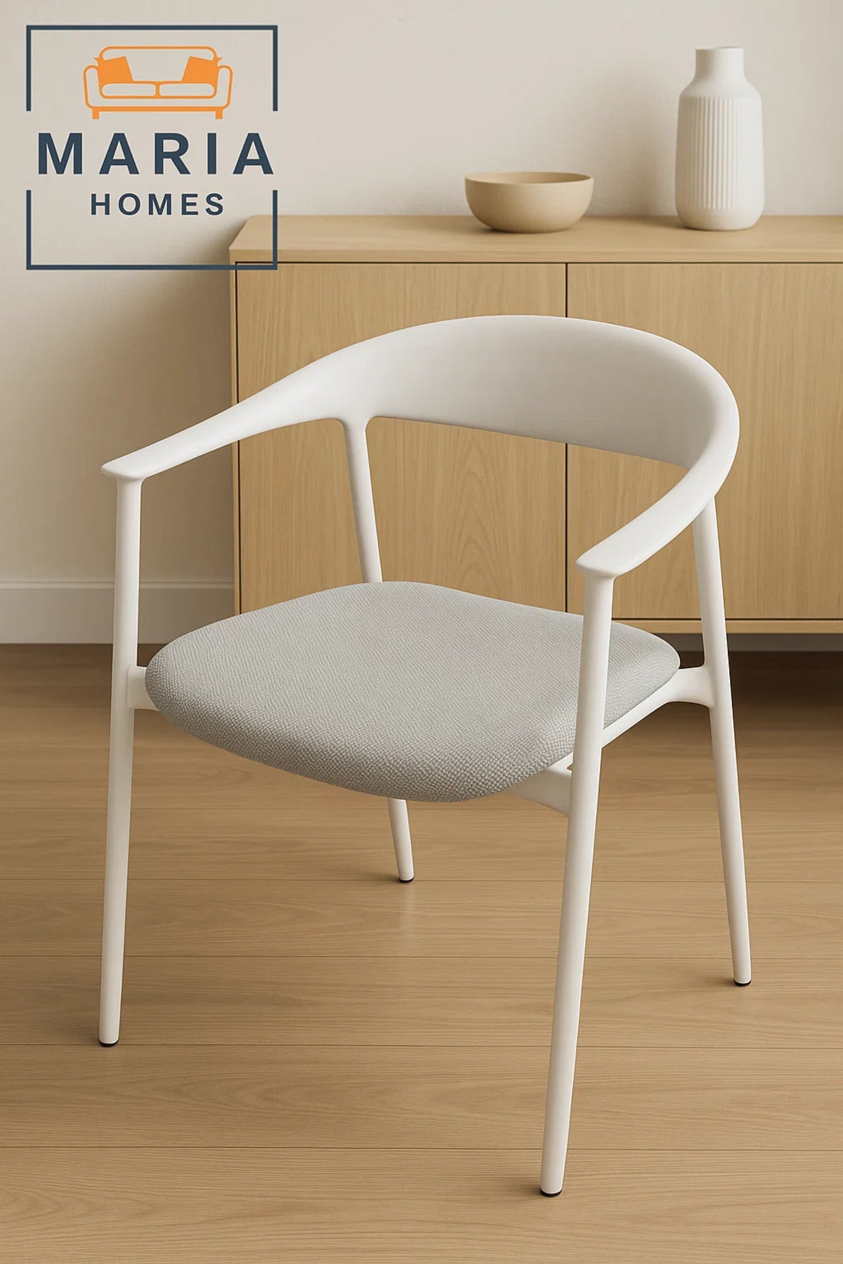 White Modern Armchair with Light Grey Fabric Seat Ð Minimalist Dining or Office Chair