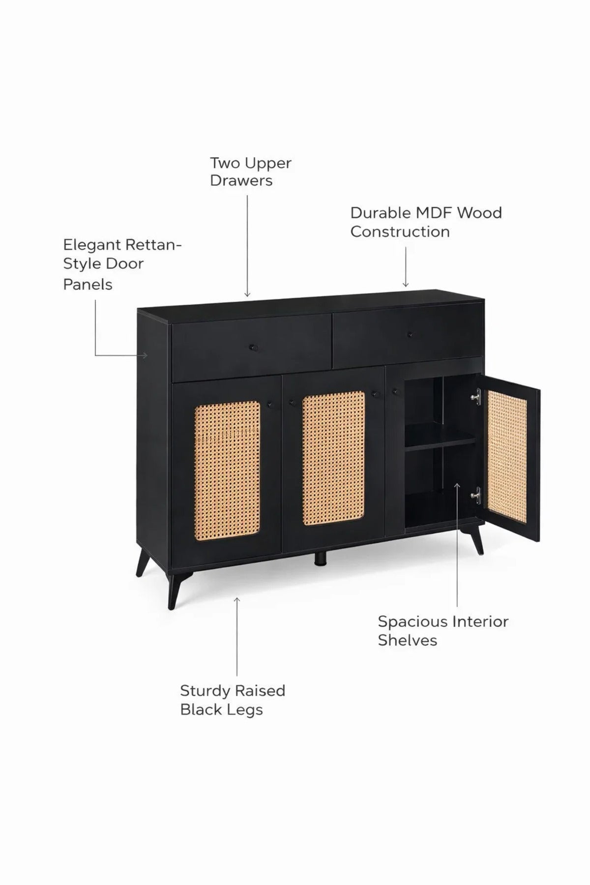 Stylish Black Cane Webbing Shoe Cabinet 3 Doors 2 Drawers Entryway Console Table 120x35x95cm