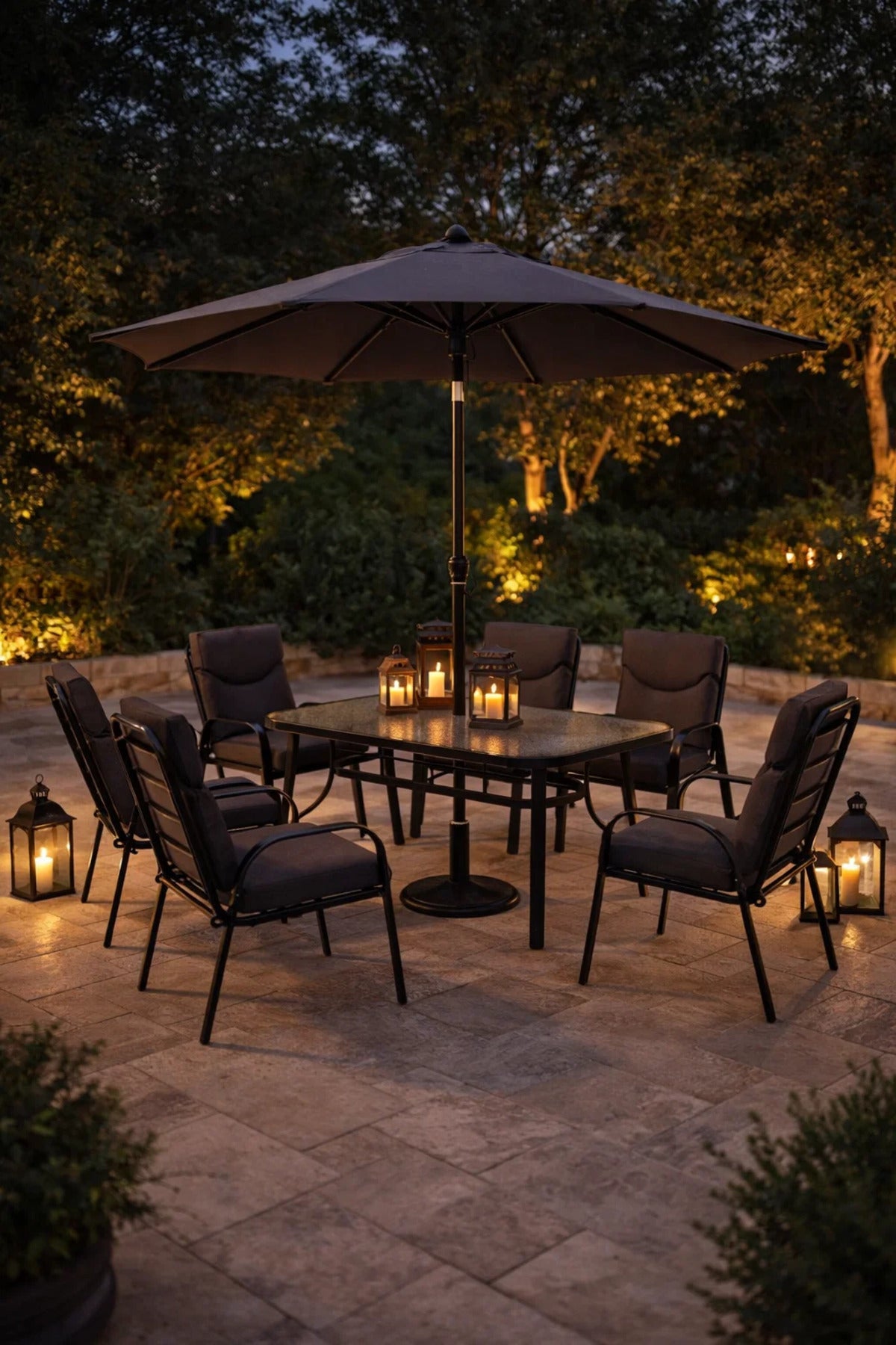 Outdoor 6-Seater Dining Set with Parasol Rectangular Table and Comfy Cushioned Chairs Dark Grey