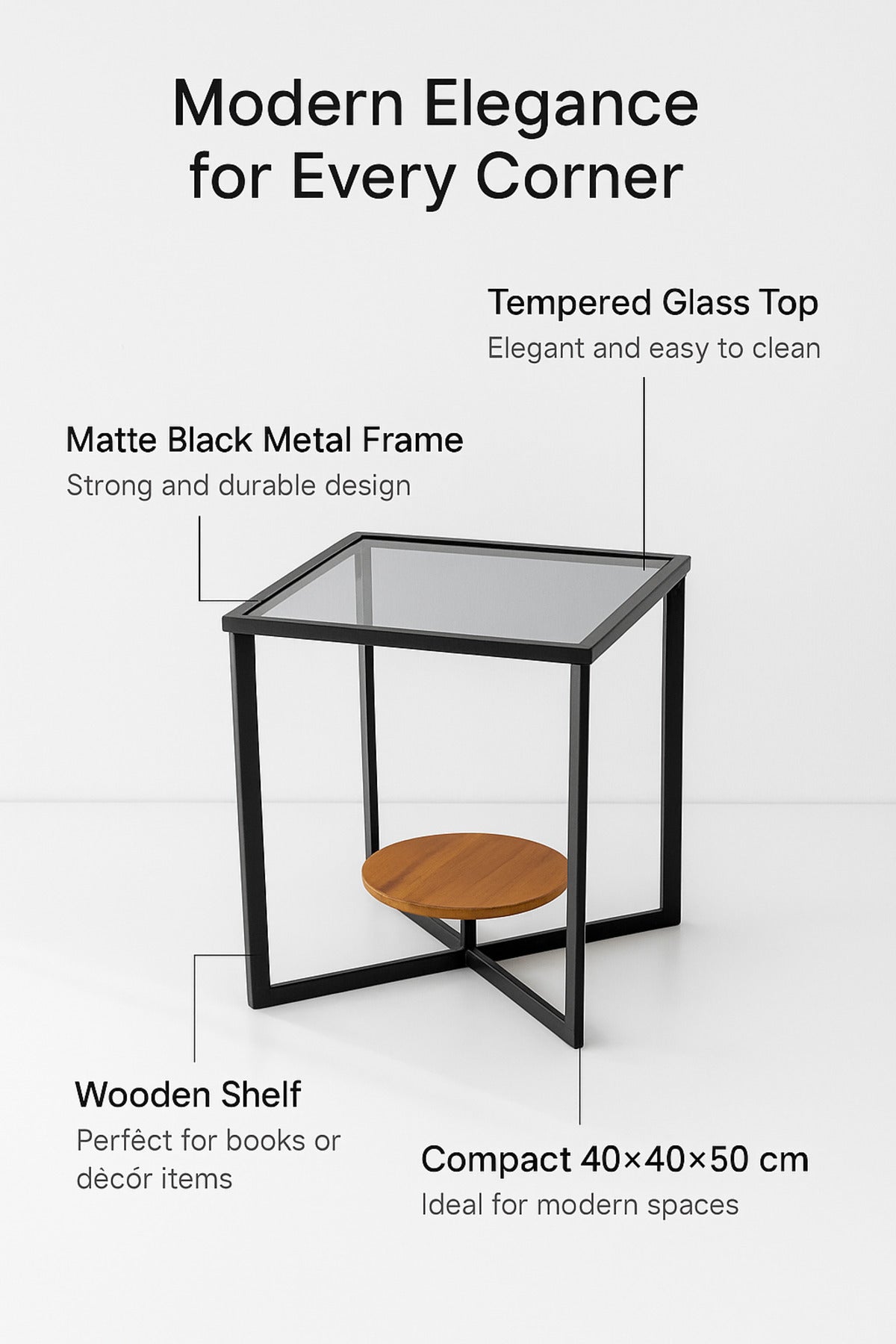 Modern Glass Side Table with Black Metal Frame and Brown Wooden Shelf Ð Square End Table 40_40_50 cm