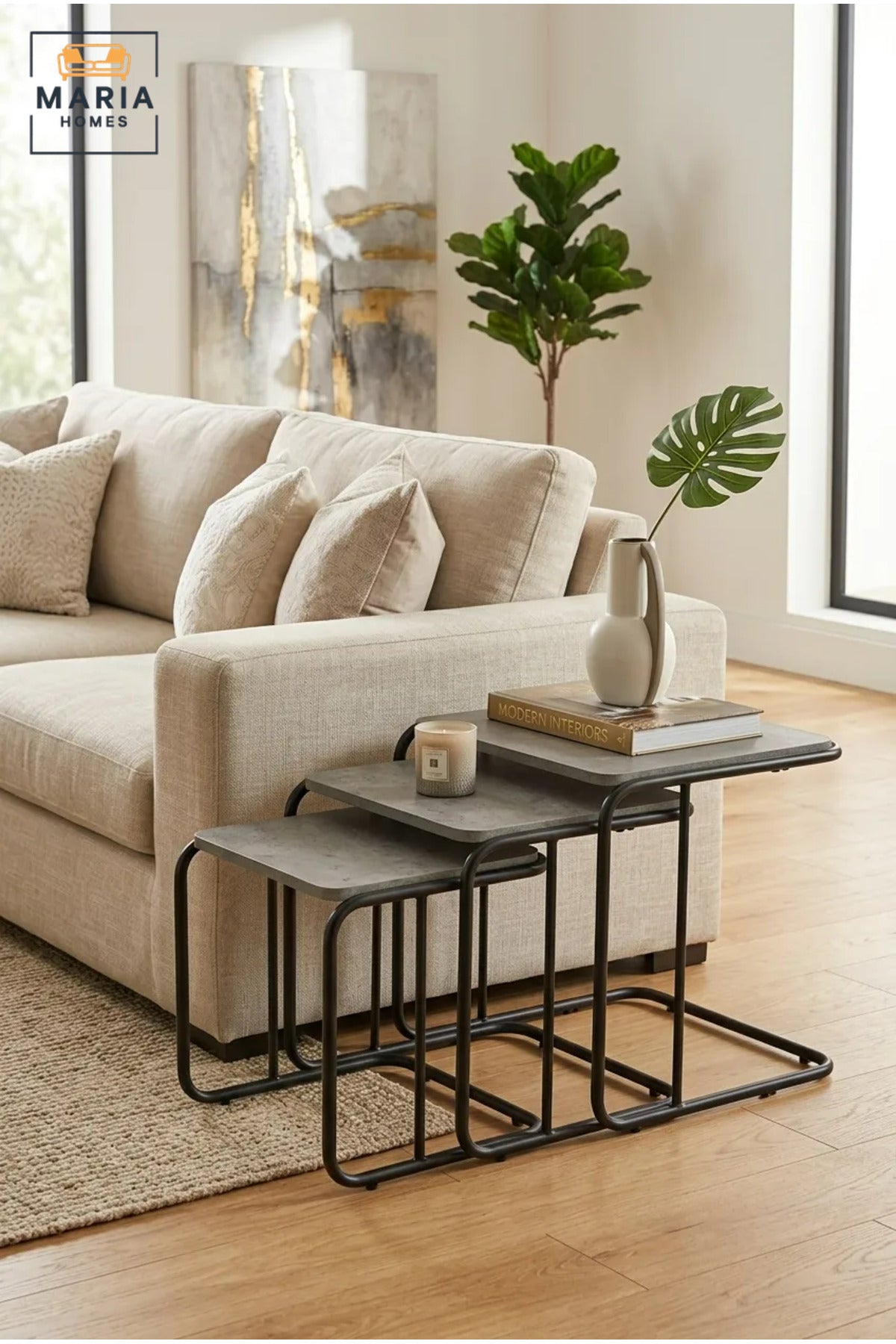 Set of 3 Nesting Side Tables with Rectangular Tops and Metal Frames, Space-Saving End Tables for Living Room, Bedroom, Lounge and Office