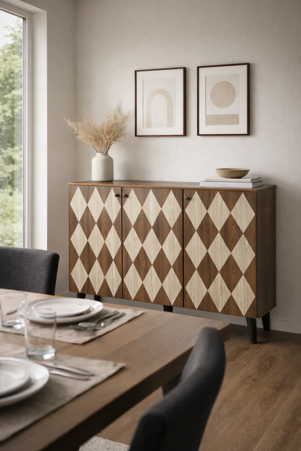 Dark Brown Shoe Cabinet with Geometric Pattern Doors 120 x 32 x 93 cm