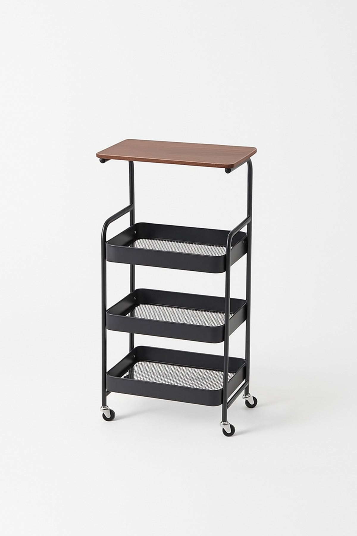 3-Tier Black Metal Storage Trolley with Wooden Top Ð Multi-Purpose Rolling Organizer Cart