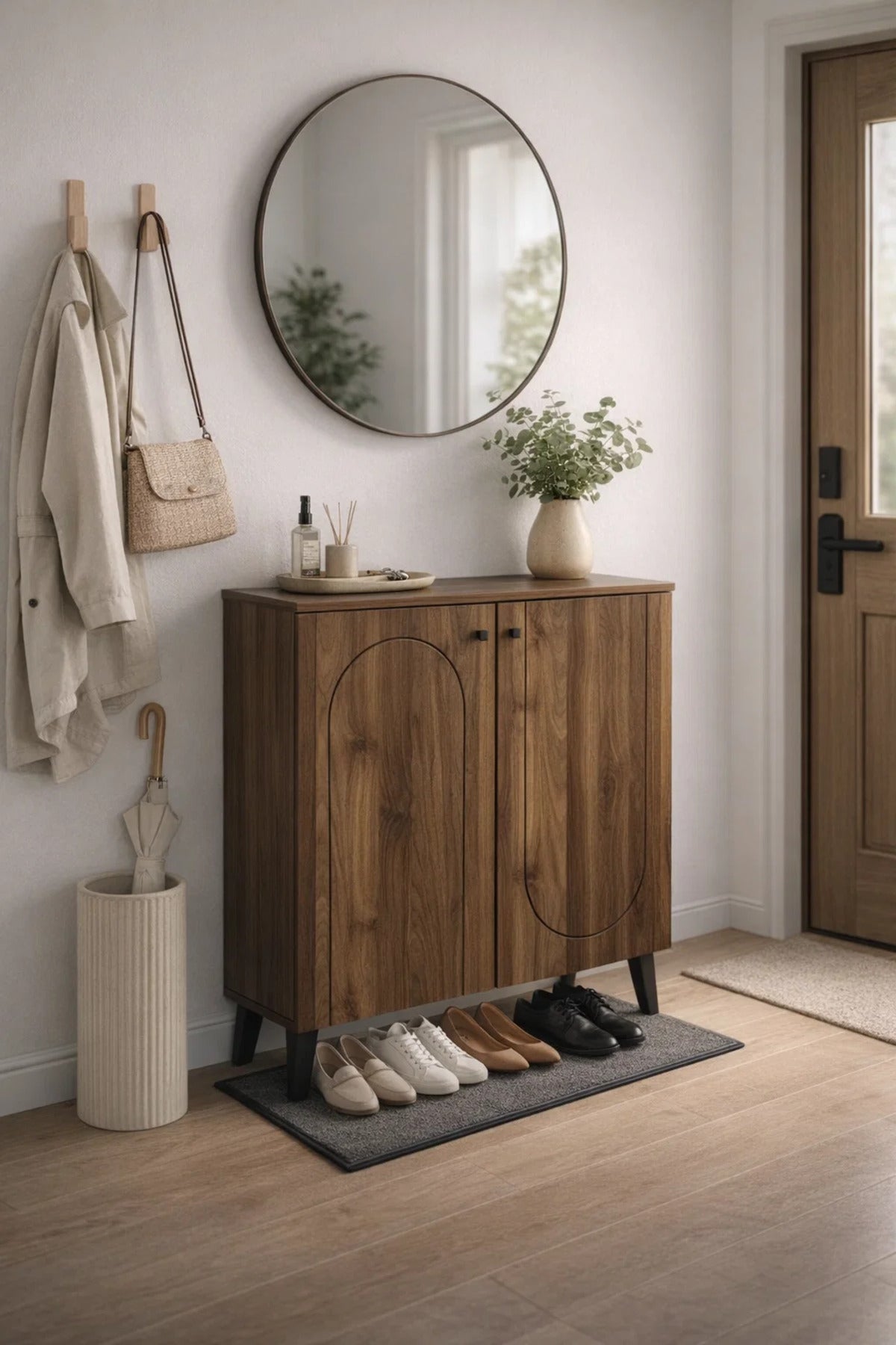 Modern Wooden Shoe Cabinet Dark Brown with Curved Line Design 80 x 32 x 94 cm