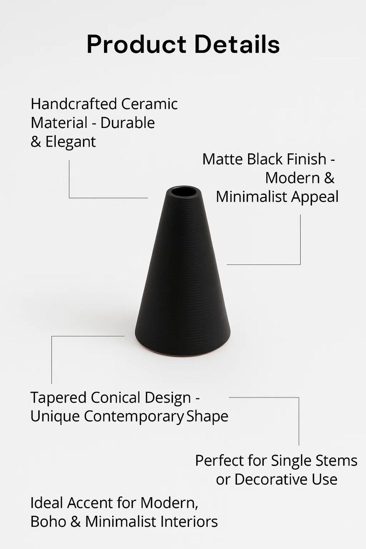 Matte Black Cone Ceramic VaseÐ Modern Minimalist Decorative Flower Vase for Home DŽcor