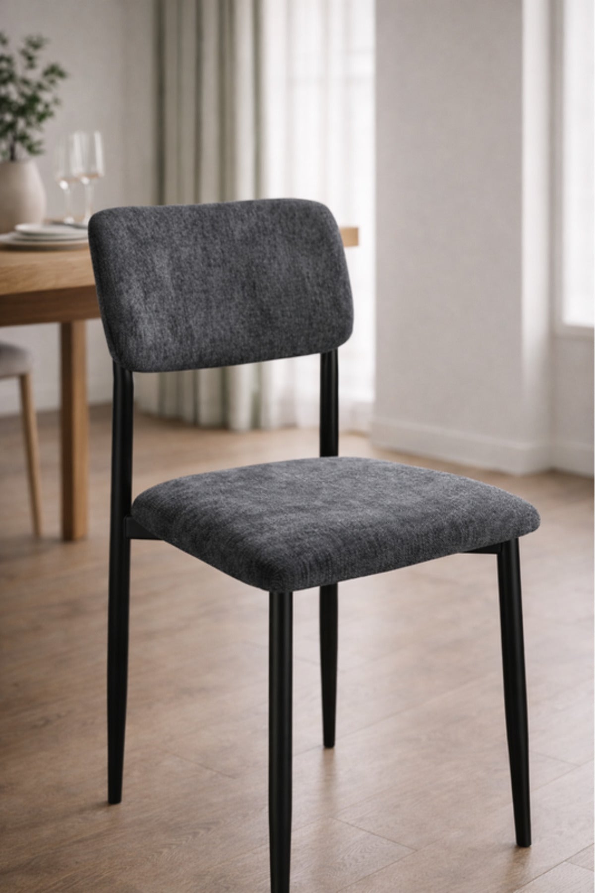 Dark Grey Upholstered Dining Chair with Black Metal Legs Modern Room dark grey