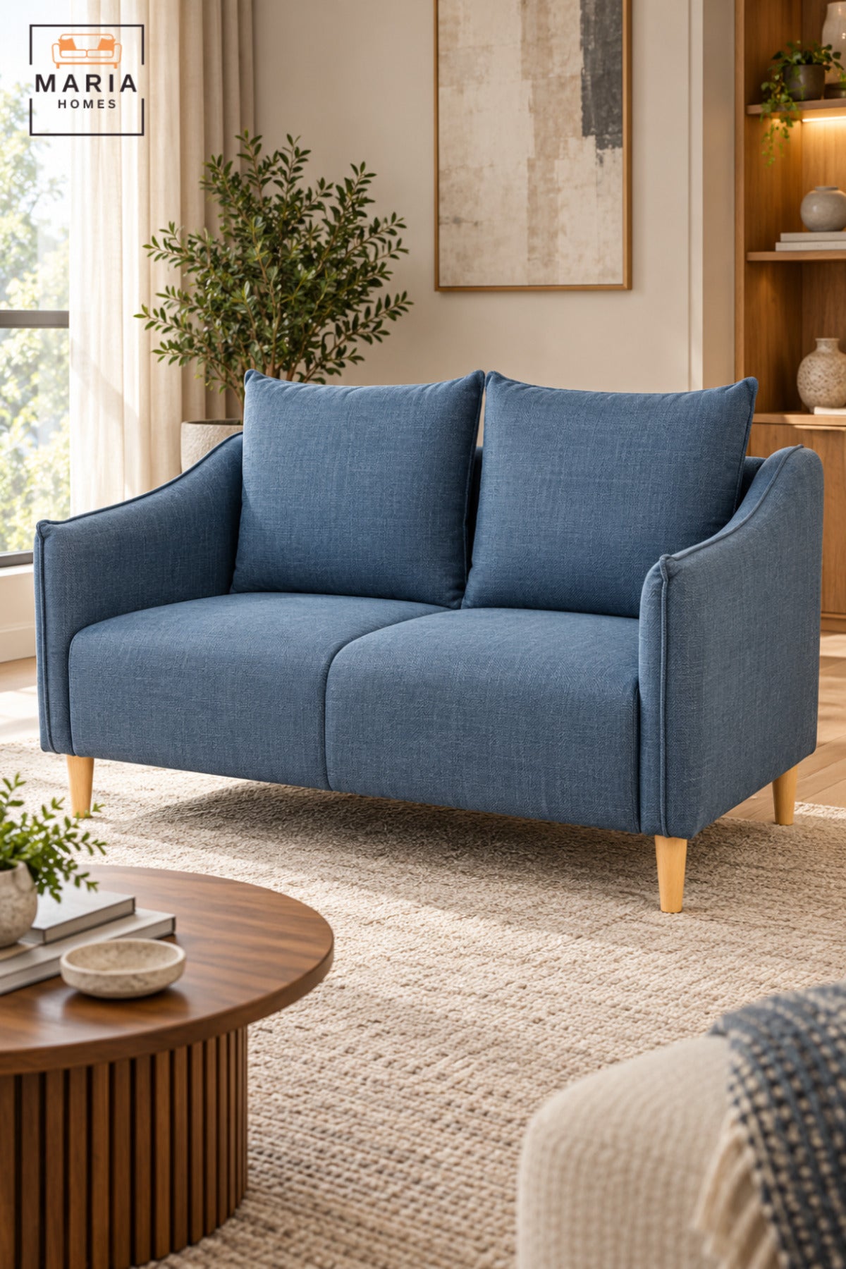 Modern Blue 2 Seater Fabric Sofa with Soft Back Cushions, Comfortable Loveseat with Armrests and Wooden Legs for Living Room, Bedroom & Lounge