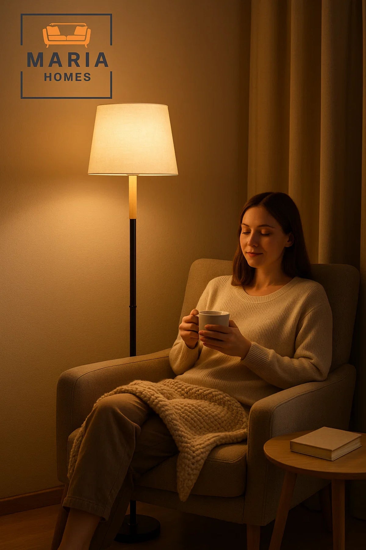 Modern Floor Lamp with Fabric Shade and Wooden Accent