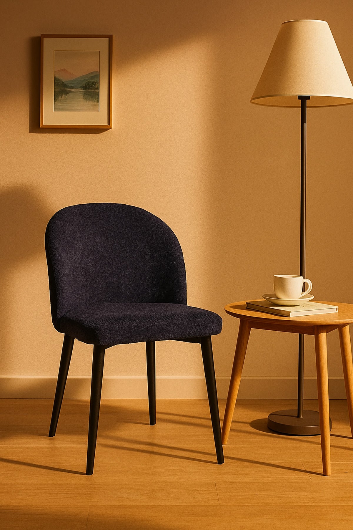 Blue Fabric Dining Chair Modern Upholstered Curved Back Chair with Black Metal Legs for Dining Room