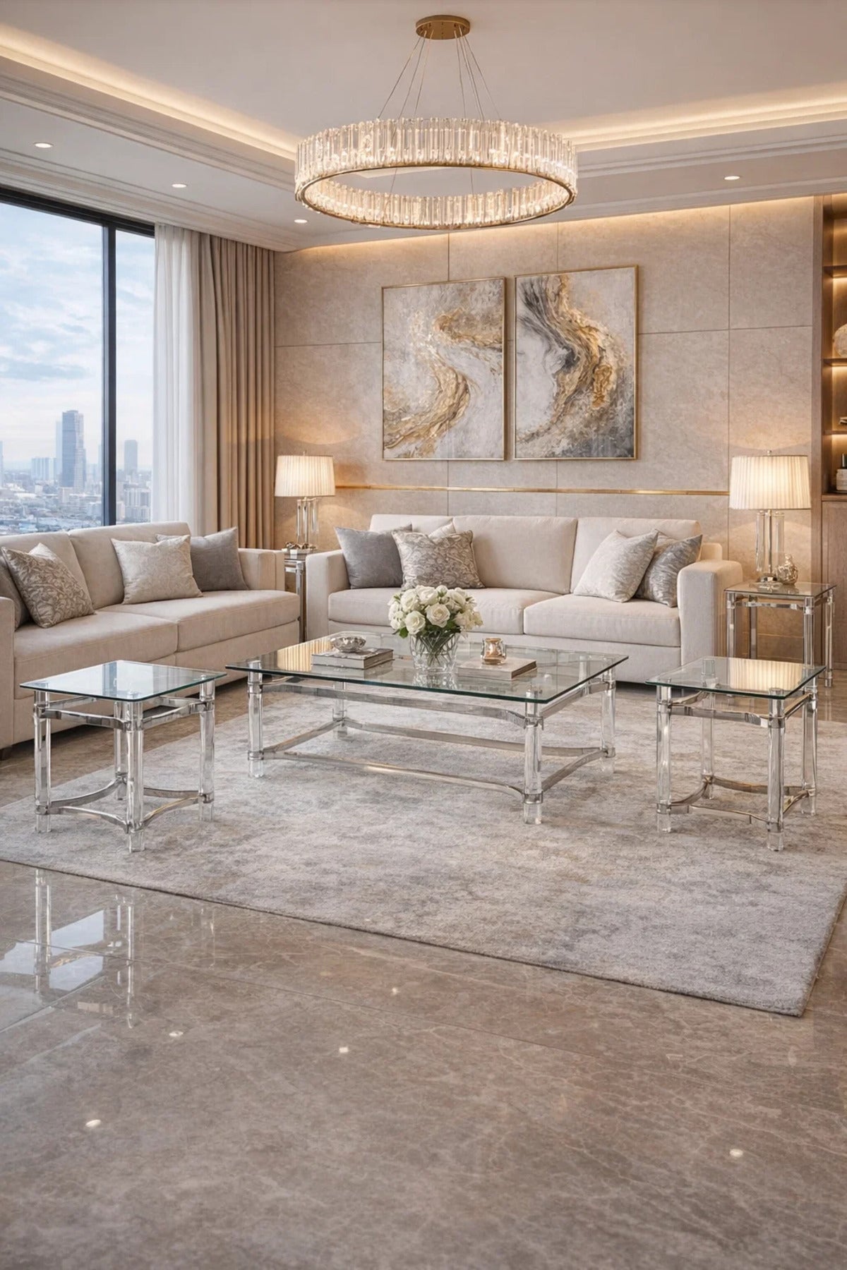Premium Acrylic Center Table Set 1+4 with Glass Top and Silver Accents for Modern Living Room
