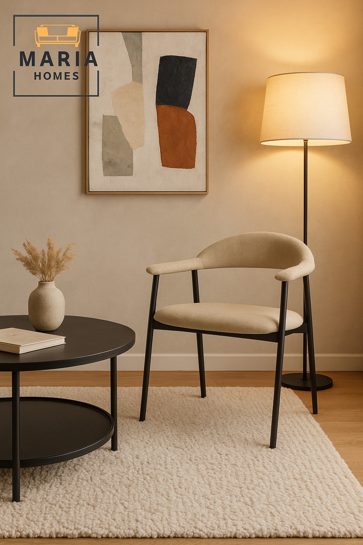 Beige Modern Dining Armchair with Black Metal Legs Ð Minimalist Accent Chair