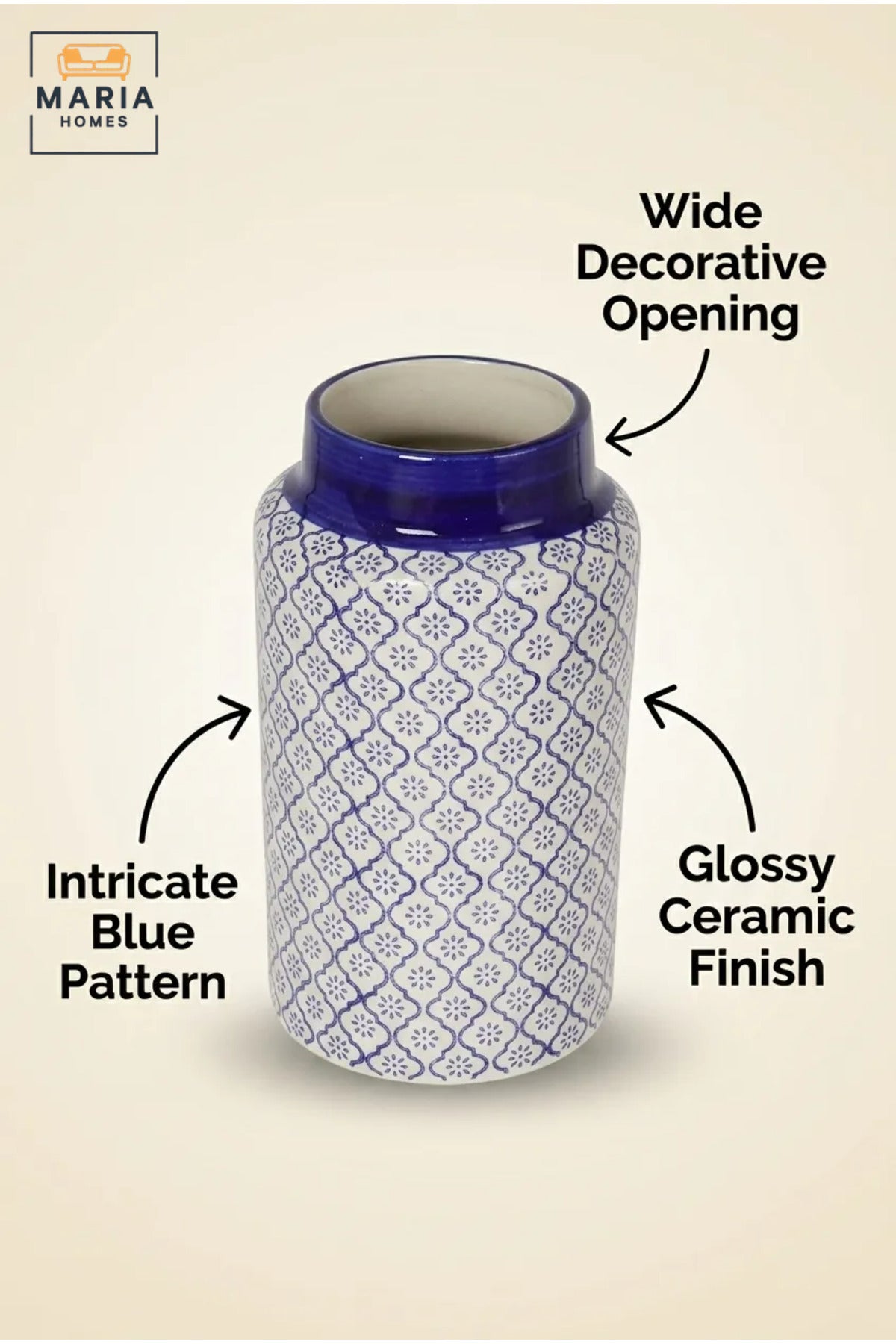 Blue and White Patterned Decorative Vase, Modern Cylindrical Ceramic Flower Holder for Living Room, Bedroom, Office, Shelf and Table Décor