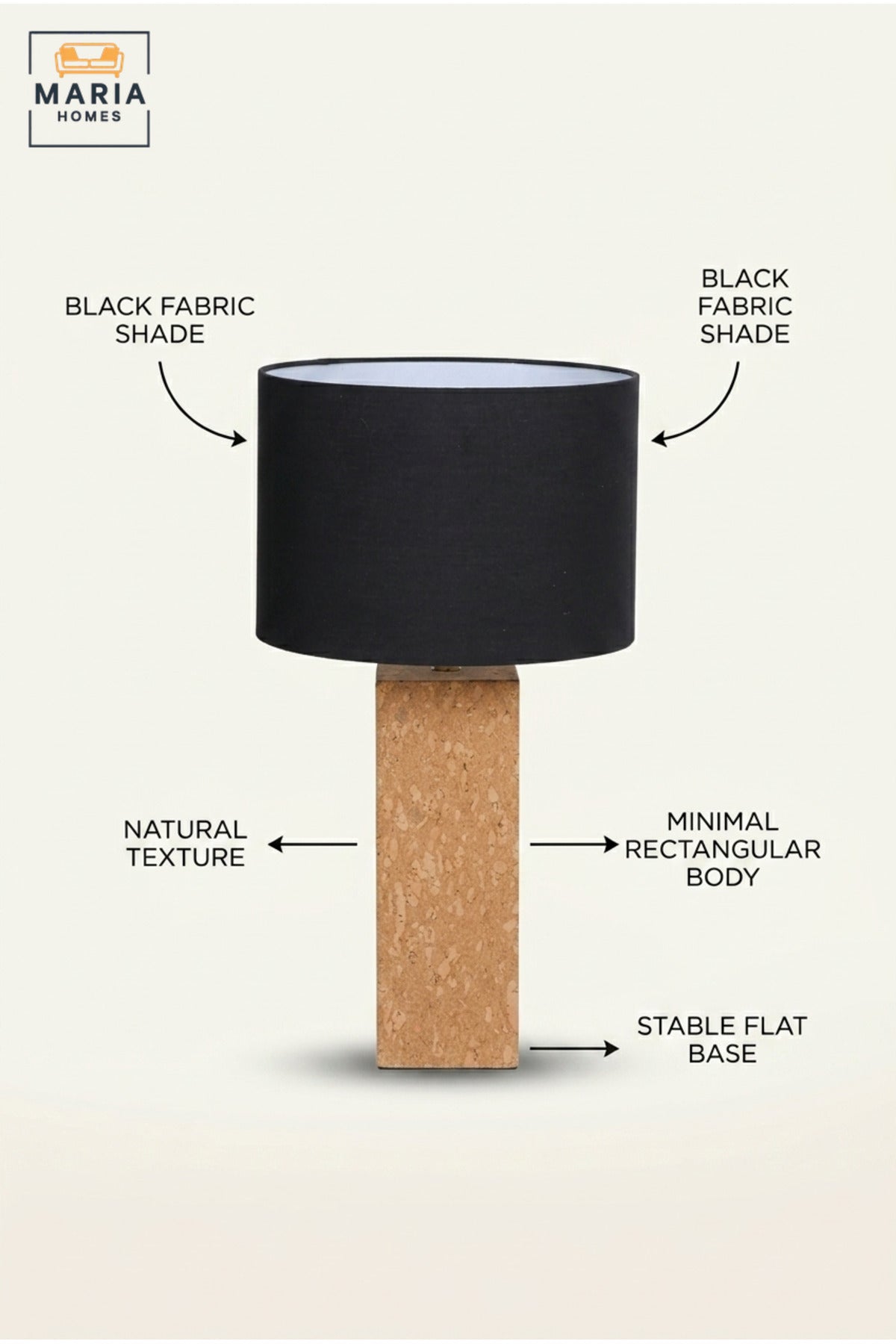 Modern Cork Table Lamp with Black Drum Fabric Shade and Slim Rectangular Textured Base for Bedroom, Living Room, Office, Hotel and Bedside Décor