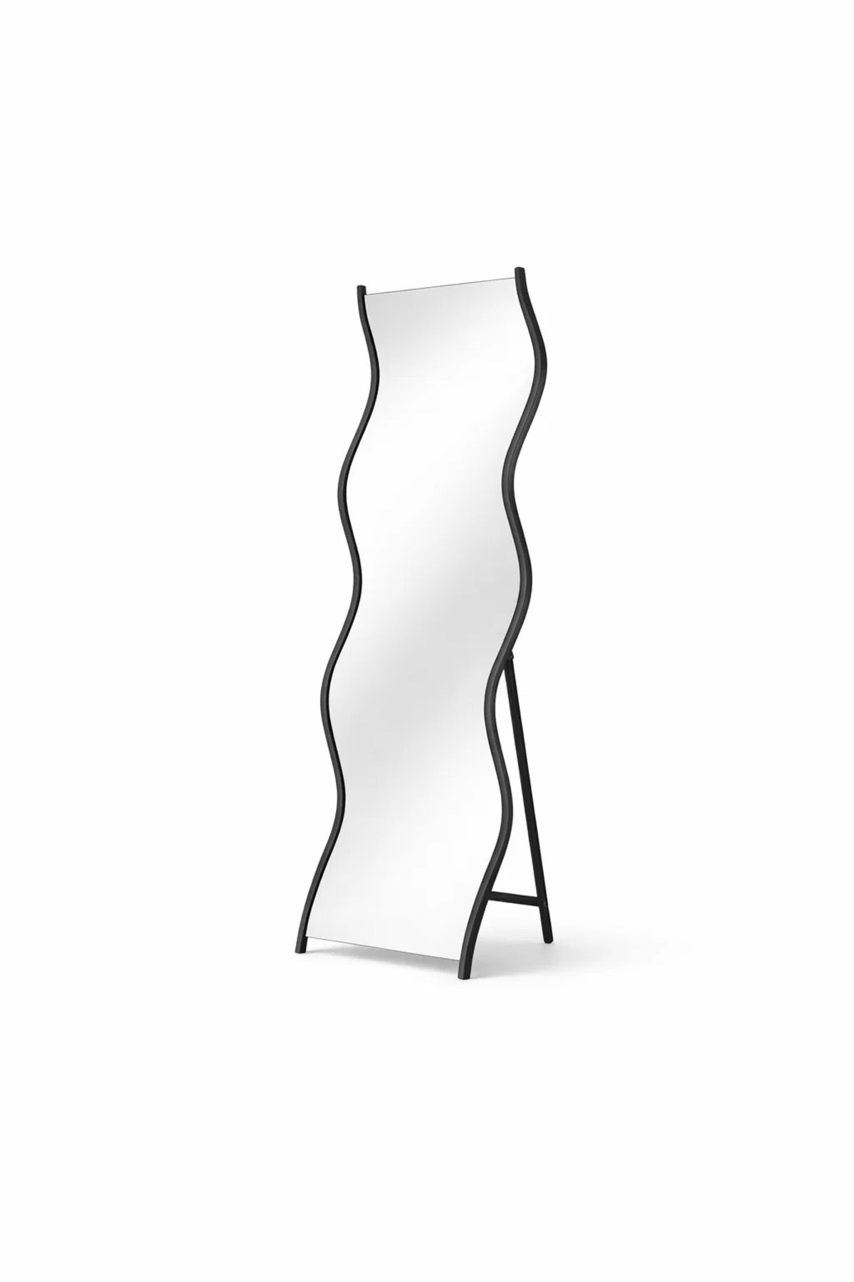Modern Wavy Full Length Floor Mirror with Black Metal Frame & Stand