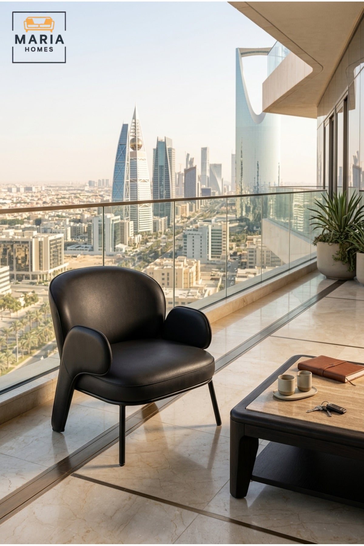 Modern Black Leather Accent Armchair with Curved Backrest, Padded Seat, Unique Armrests & Slim Metal Legs for Living Room Bedroom Office Lounge
