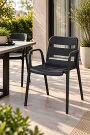 Modern Black Garden Chair with Armrests, Slatted Open Backrest and Comfortable Curved Seat for Patio, Balcony, Terrace, Café & Outdoor Seating