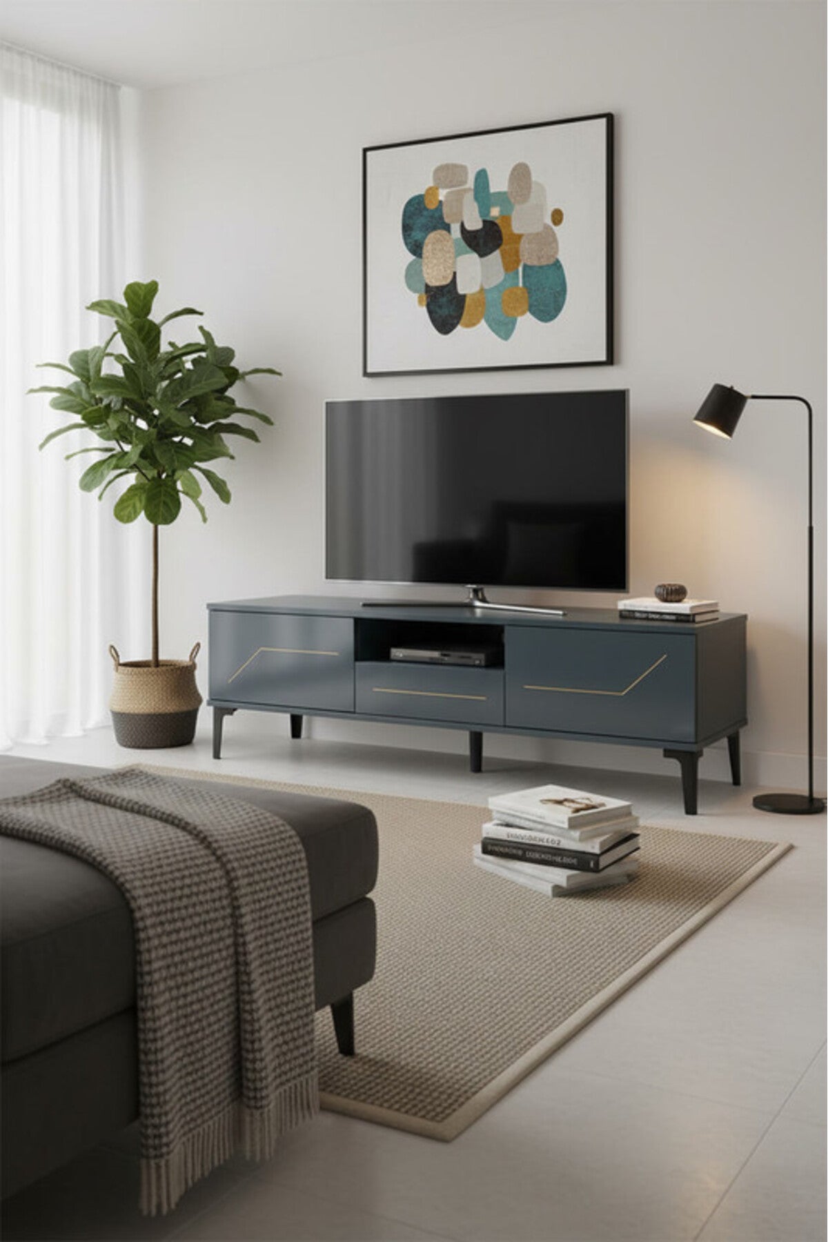 Modern Grey TV table with Gold Accents and Open Storage