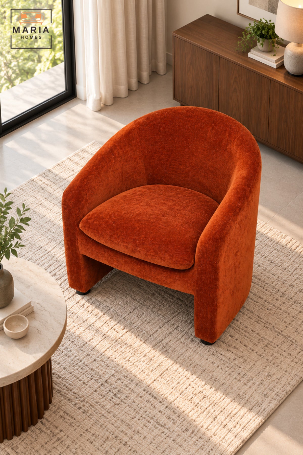 Modern Burnt Orange Fabric Accent Chair with Curved Backrest, Cushioned Seat and Integrated Armrests for Living Room, Bedroom & Lounge