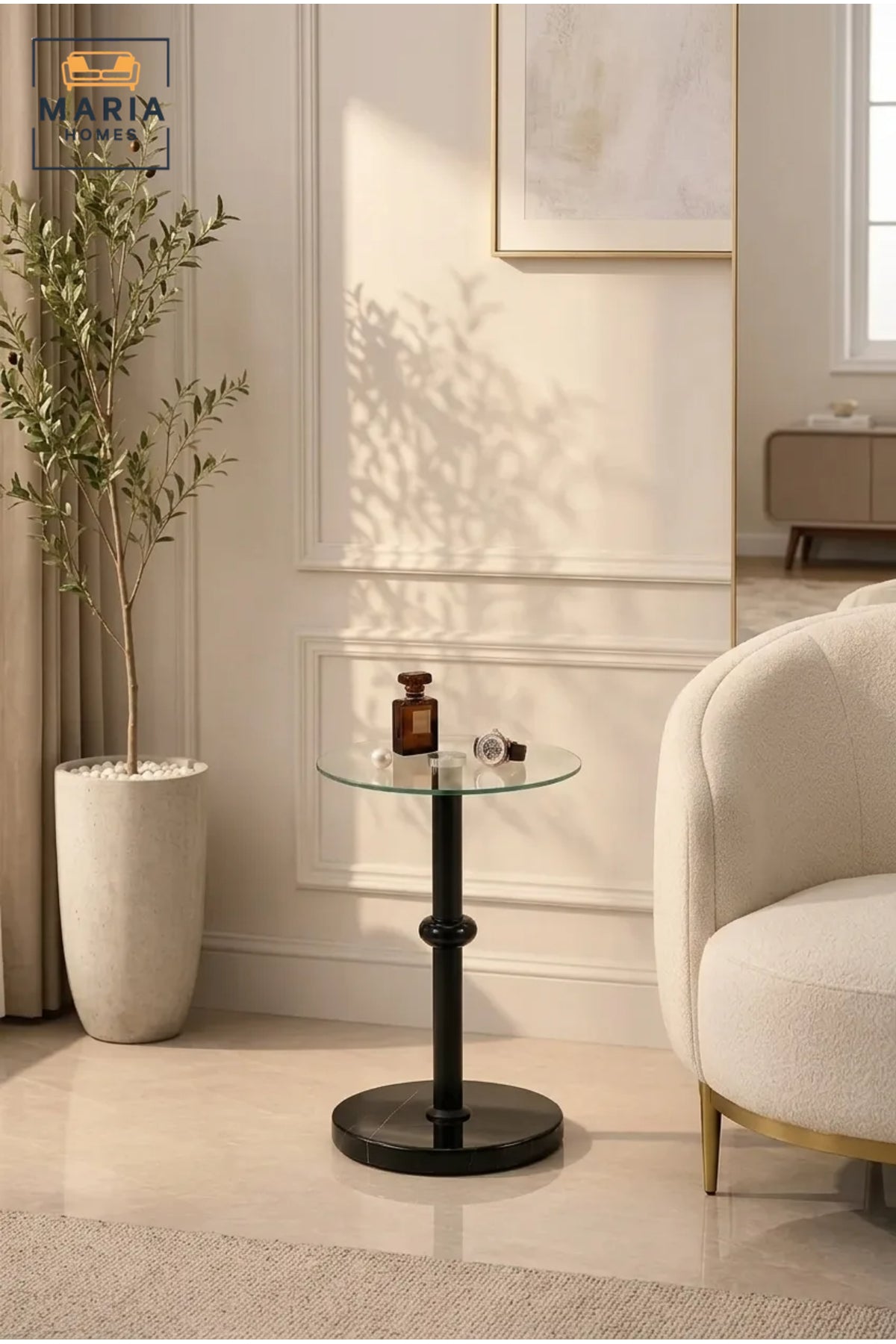 Modern Glass Side Table with Black Marble-Effect Base and Metal Pedestal