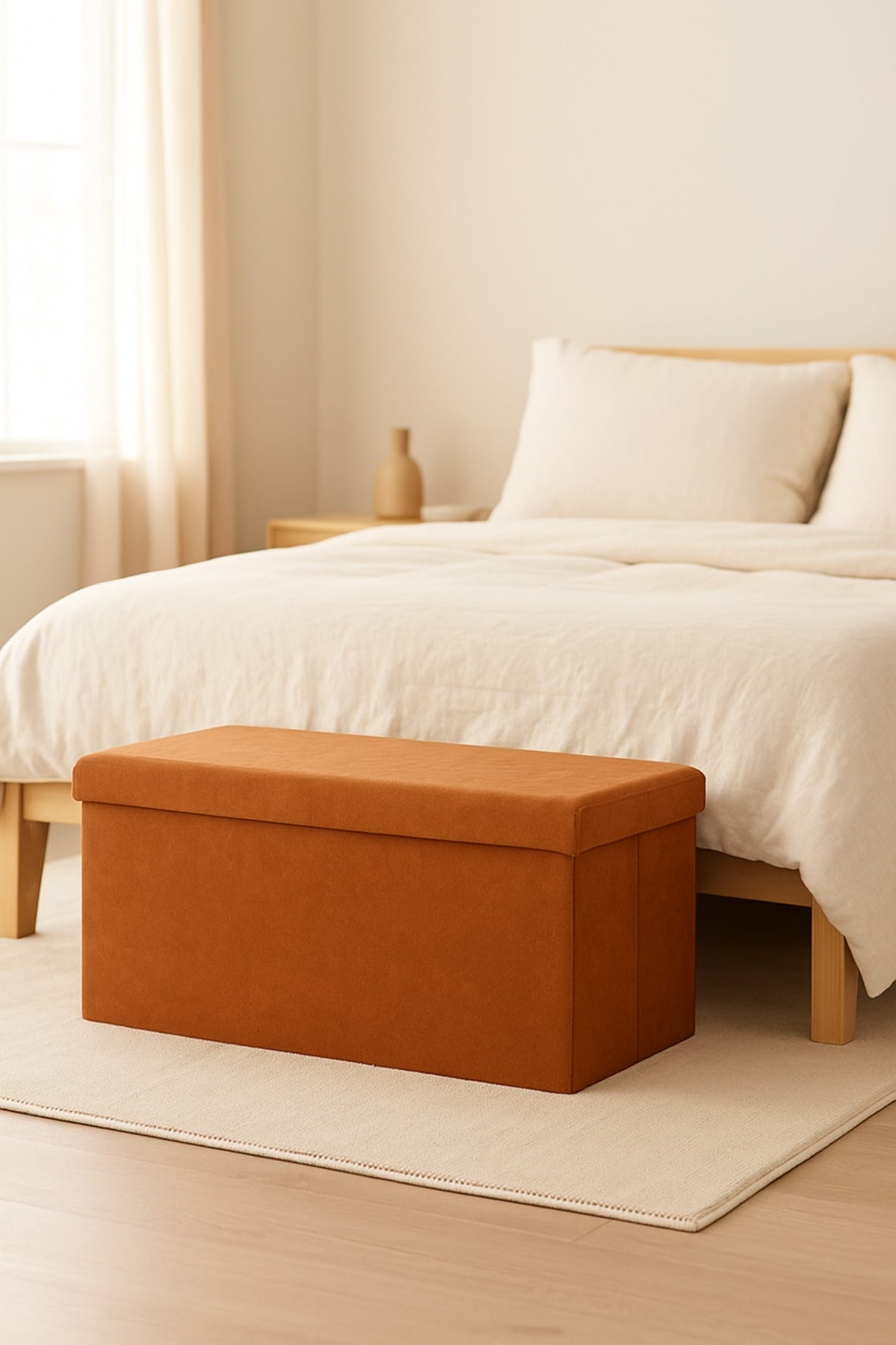 Orange Foldable Storage Ottoman Bench 76_38_38 cm Ð Stylish Fabric Seat with Hidden Storage Box