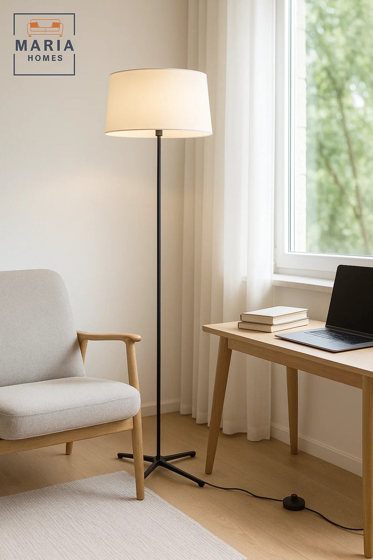 Minimalist Floor Lamp with Tripod Base and Cream Shade
