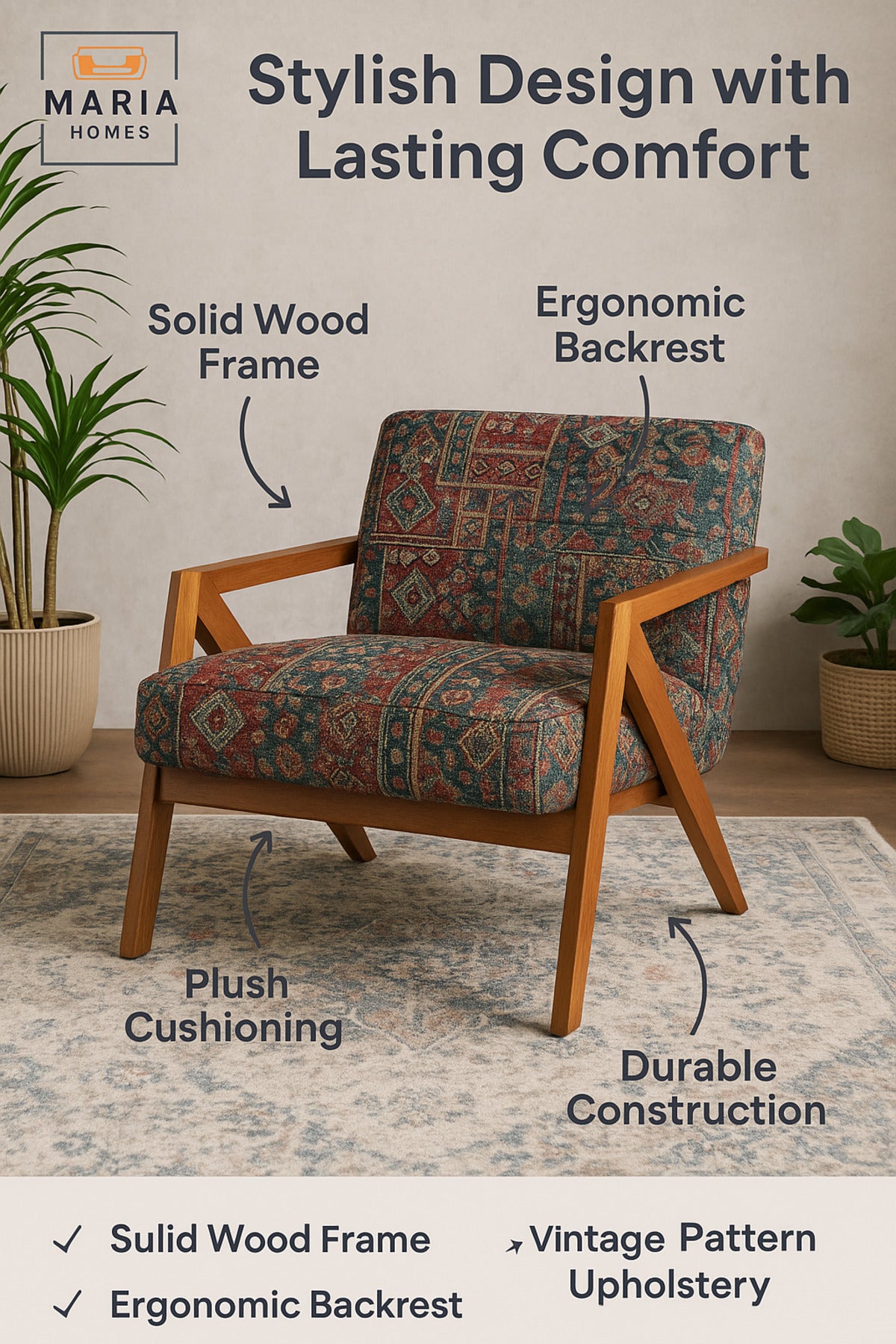Vintage Patchwork Lounge Chair Ð Mid-Century Wooden Armchair for Living Room