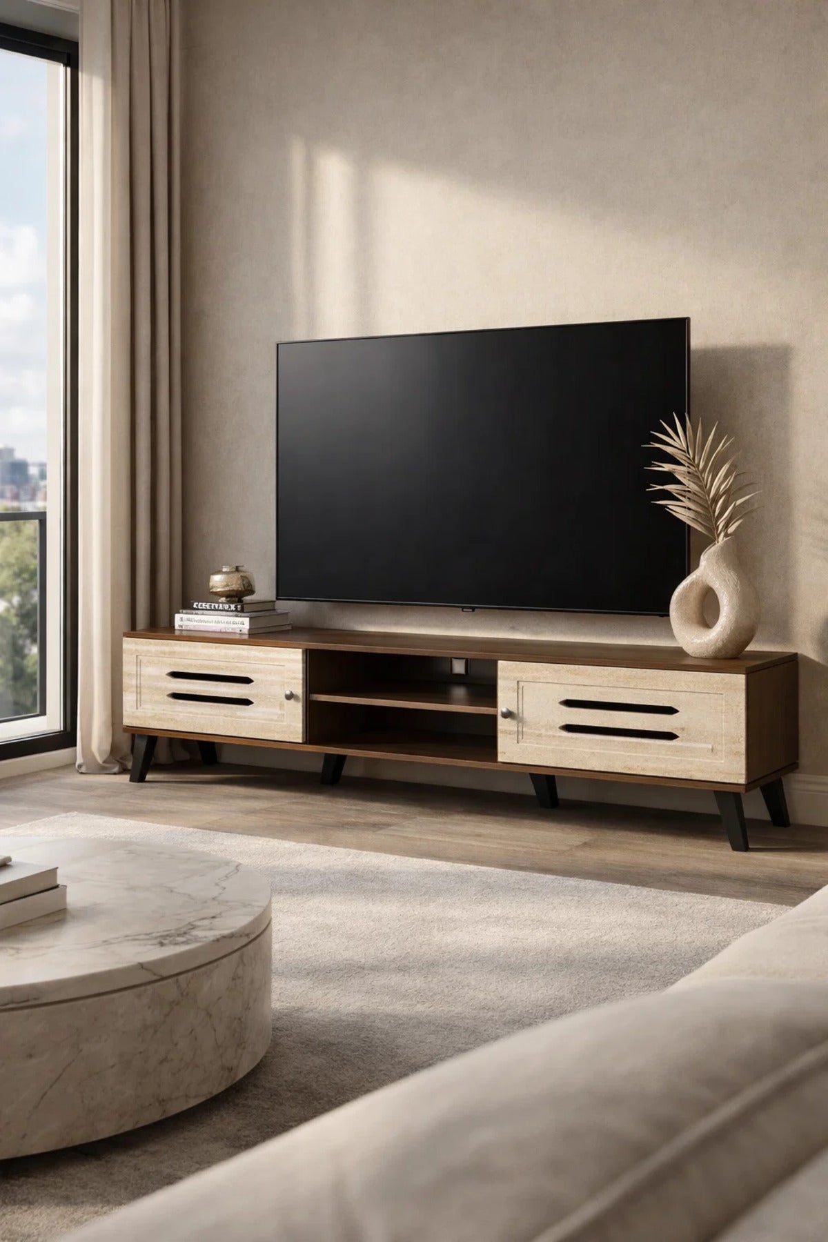 Modern Wooden TV Stand Dark Brown with Beige Front Panels 160 x 40 x 43 cm