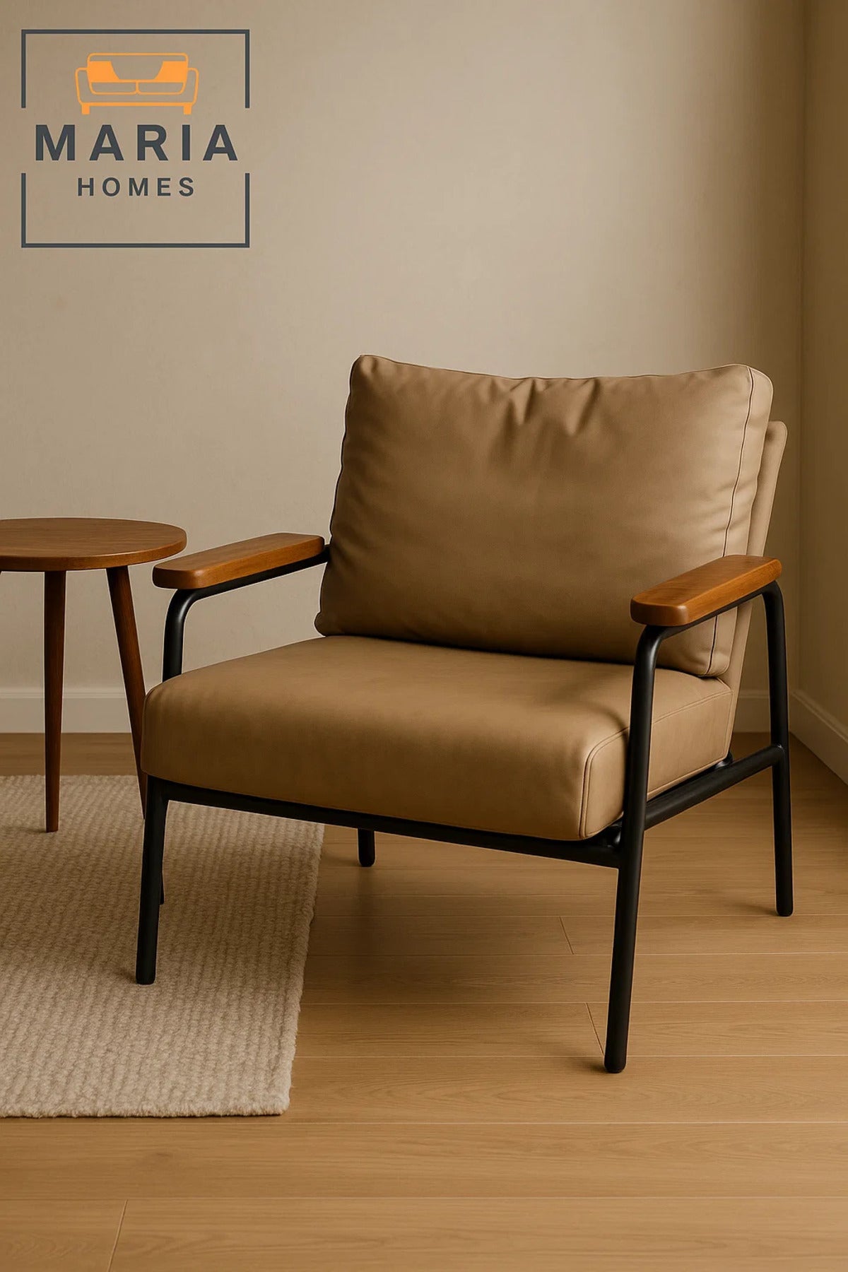 Beige Faux Leather Lounge Chair Ð Wooden Armrests & Metal Frame for Modern Living Room or Office